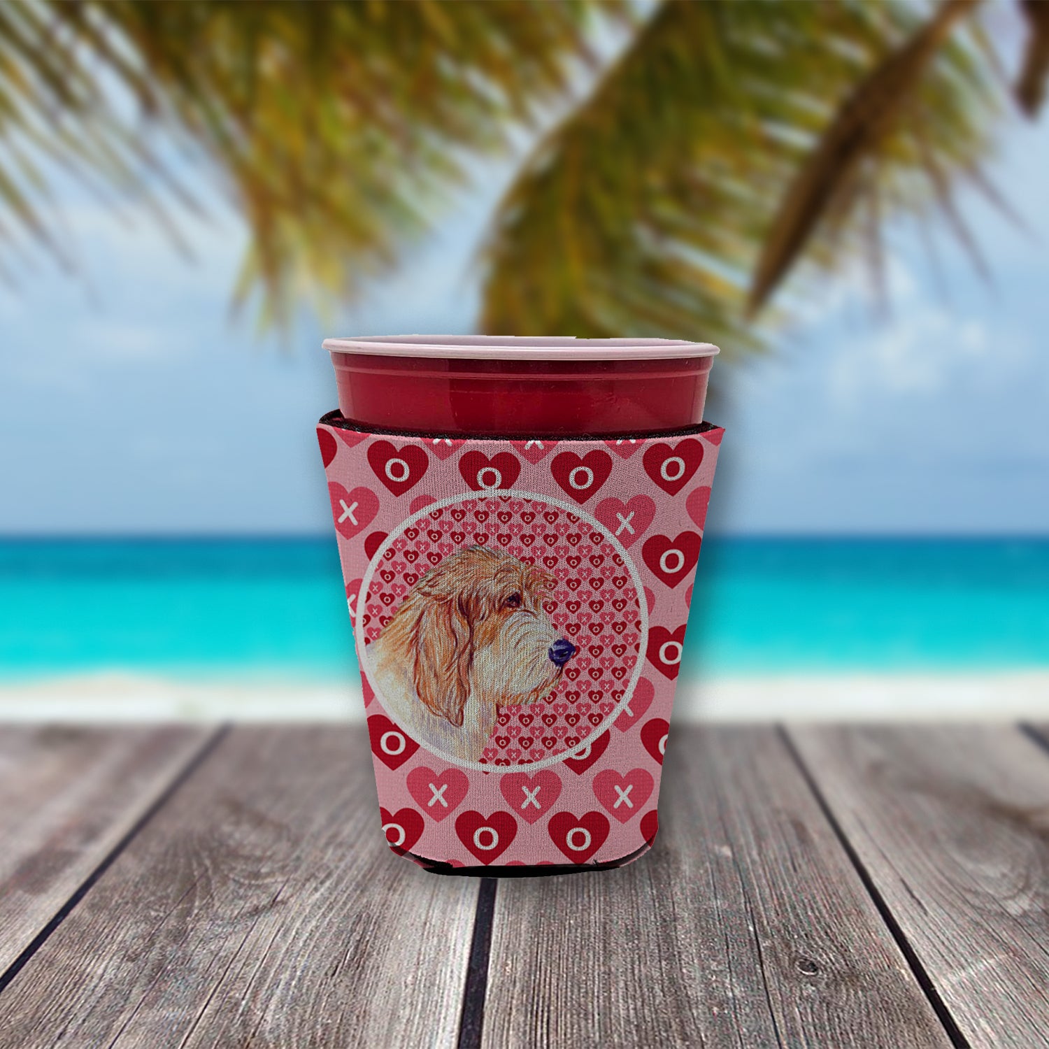 Petit Basset Griffon Vendeen Valentine's Love and Hearts Red Cup Beverage Insulator Hugger