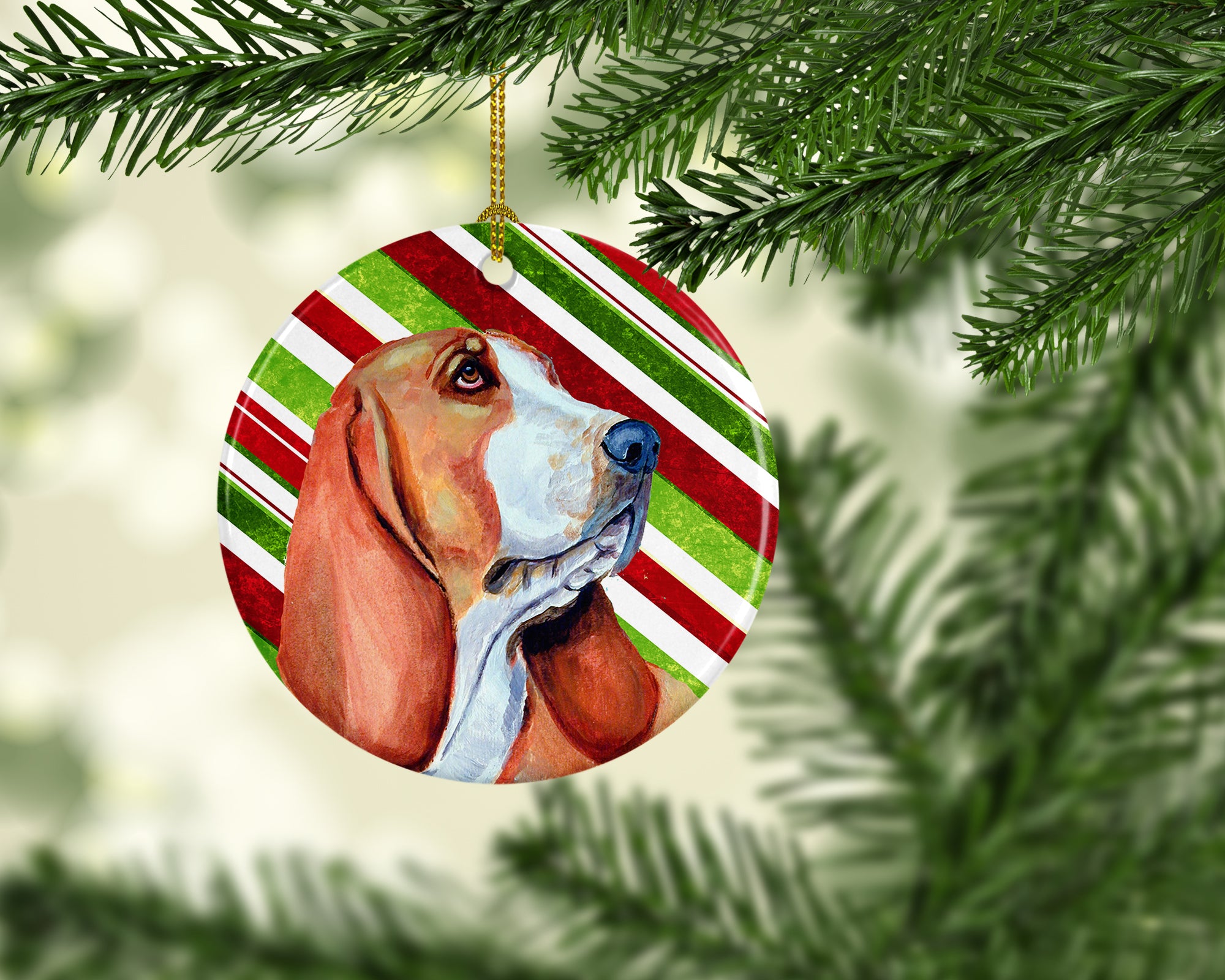 Basset Hound Candy Cane Holiday Christmas Ceramic Ornament LH9242 - the-store.com