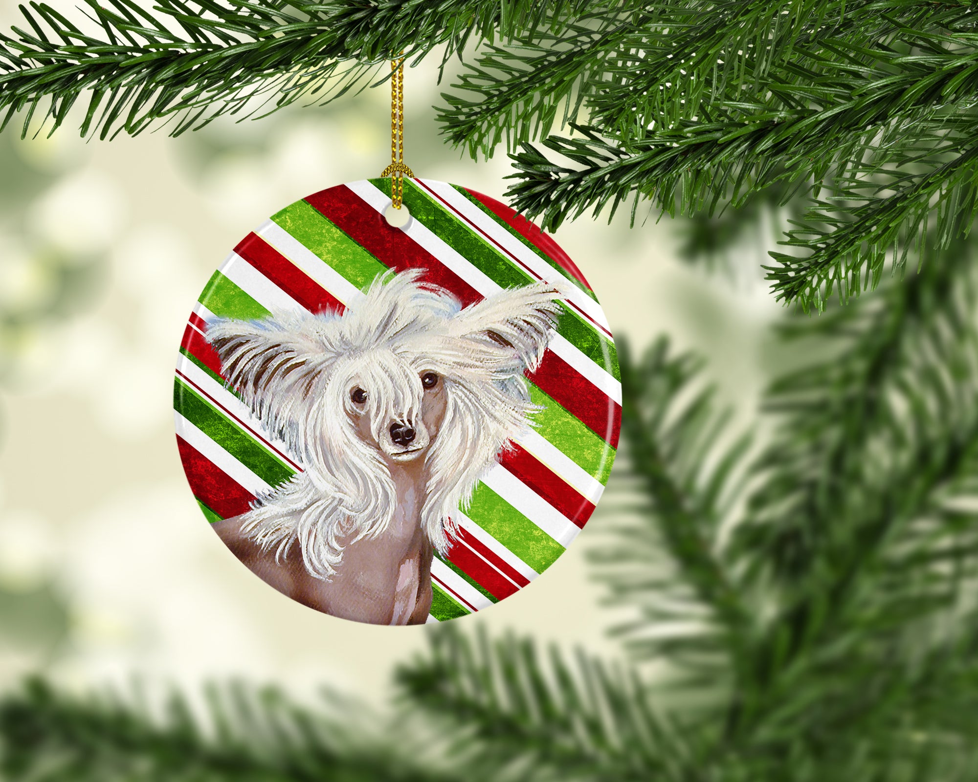 Chinese Crested Candy Cane Holiday Christmas Ceramic Ornament LH9257 - the-store.com