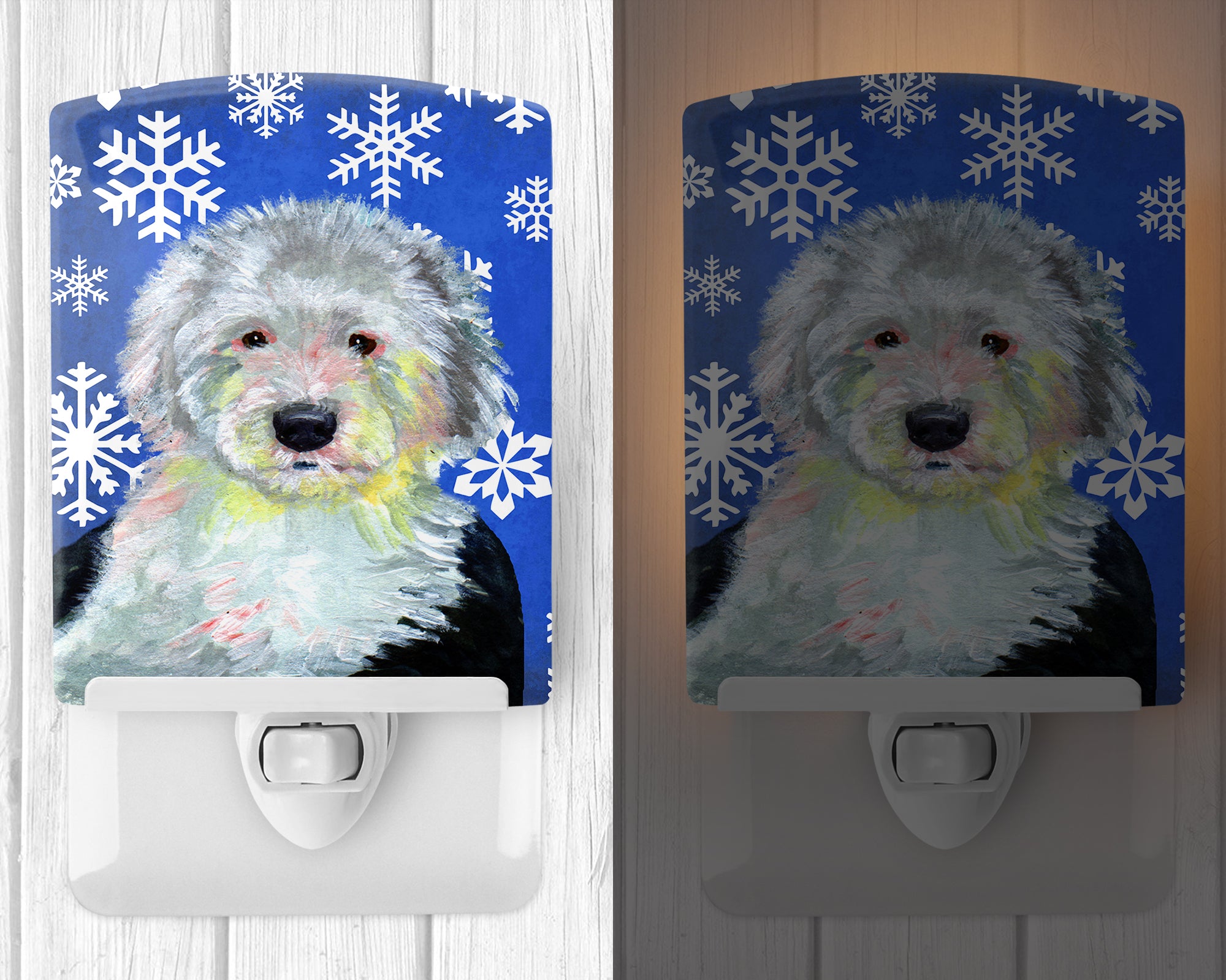 Old English Sheepdog Winter Snowflakes Holiday Ceramic Night Light LH9306CNL - the-store.com