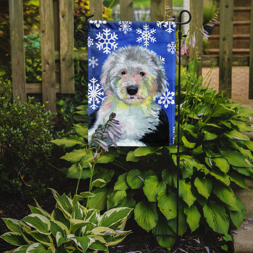 Old English Sheepdog Winter Snowflakes Holiday Flag Garden Size.