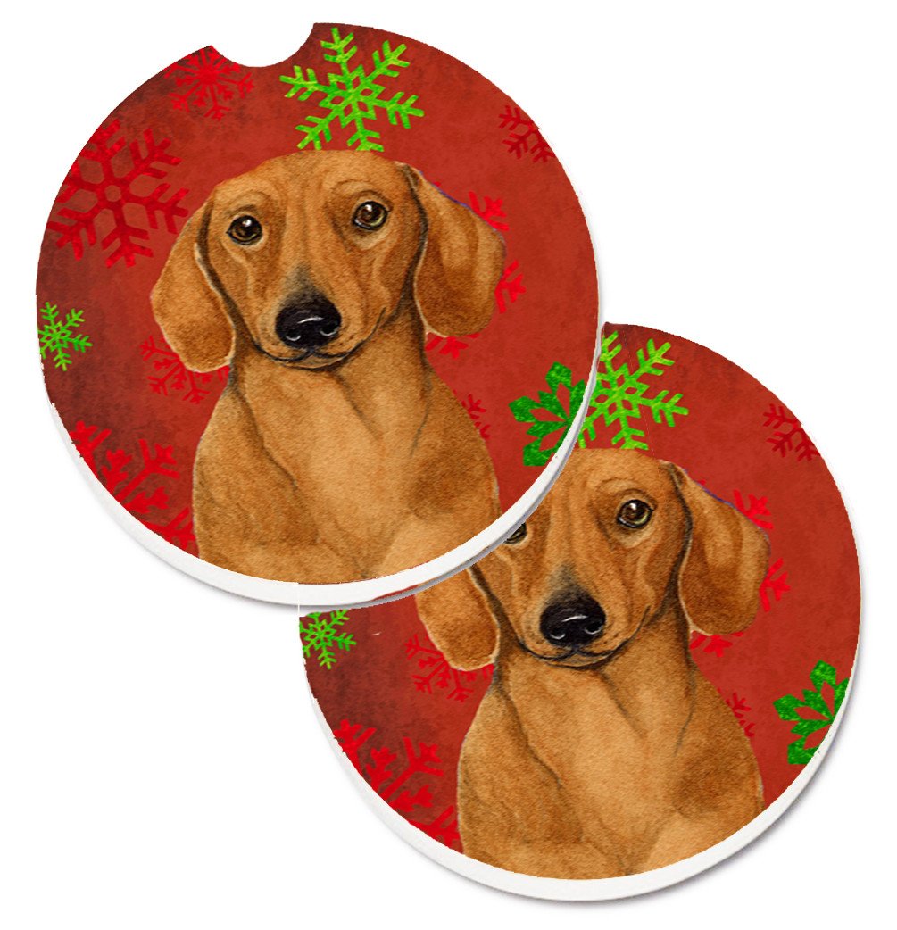 Dachshund Red and Green Snowflakes Holiday Christmas Set of 2 Cup Holder Car Coasters LH9312CARC by Caroline's Treasures