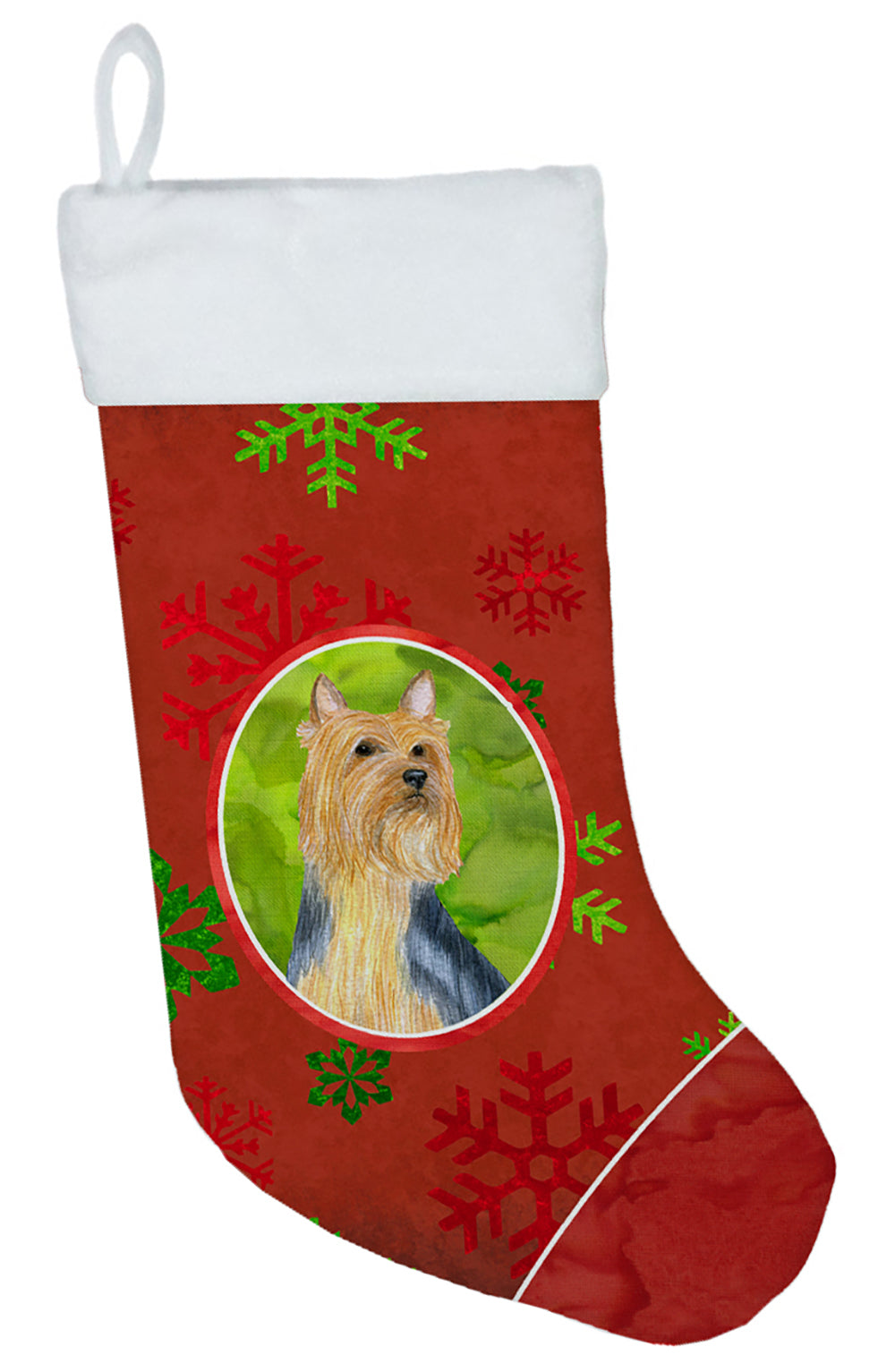 Silky Terrier Red and Green Snowflakes Holiday Christmas Christmas Stocking