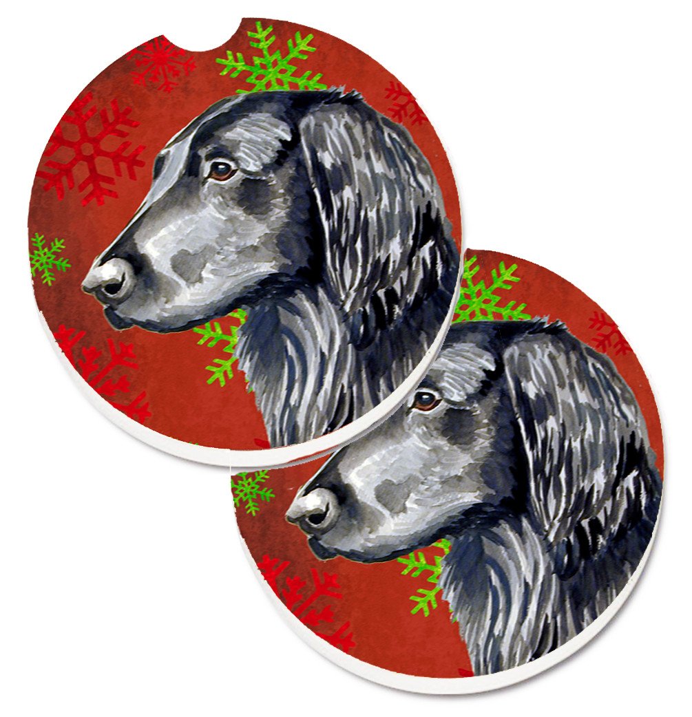 Flat Coated Retriever Red  Green Snowflakes Holiday Christmas Set of 2 Cup Holder Car Coasters LH9321CARC by Caroline's Treasures