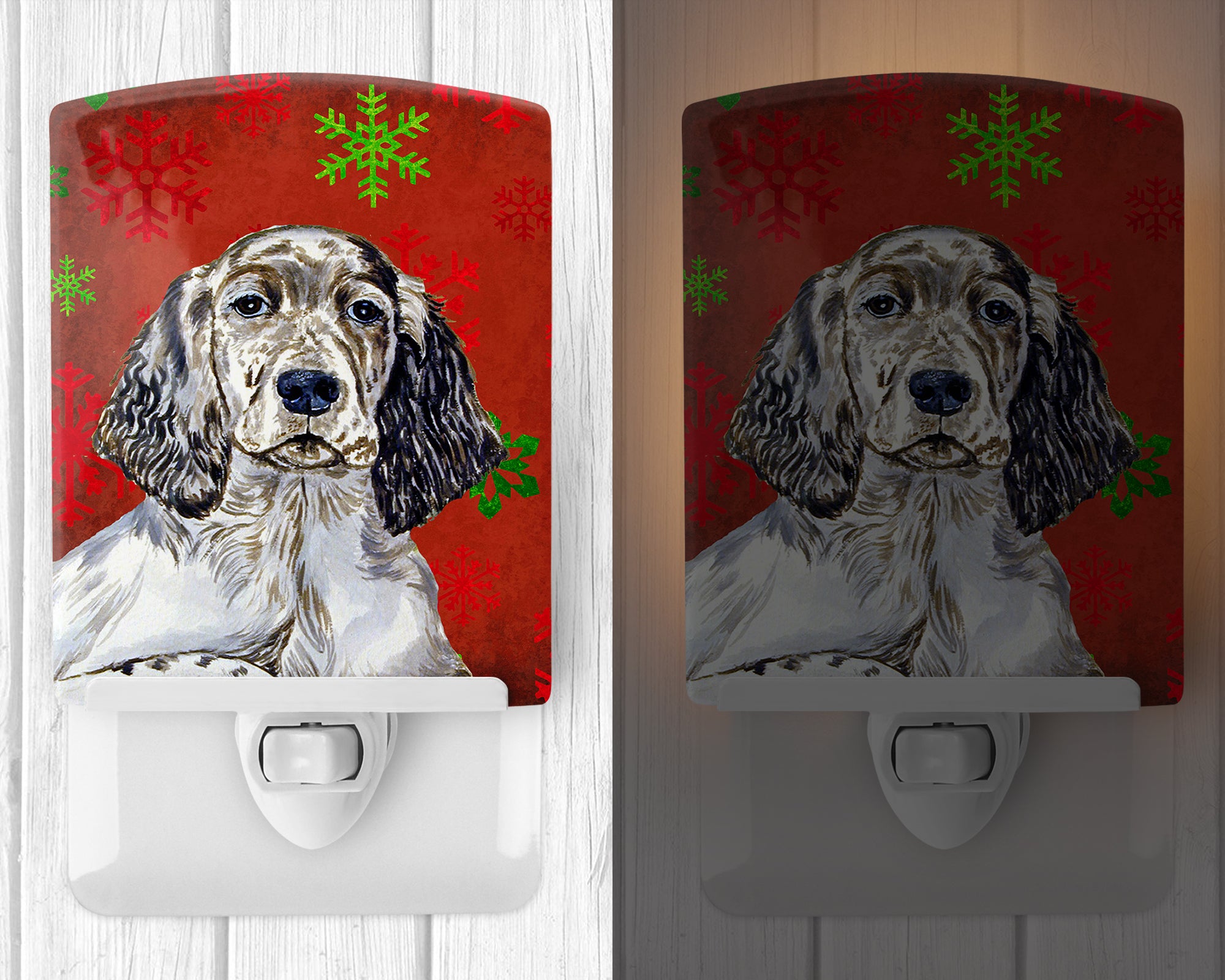 English Setter Red and Green Snowflakes Holiday Christmas Ceramic Night Light LH9322CNL - the-store.com