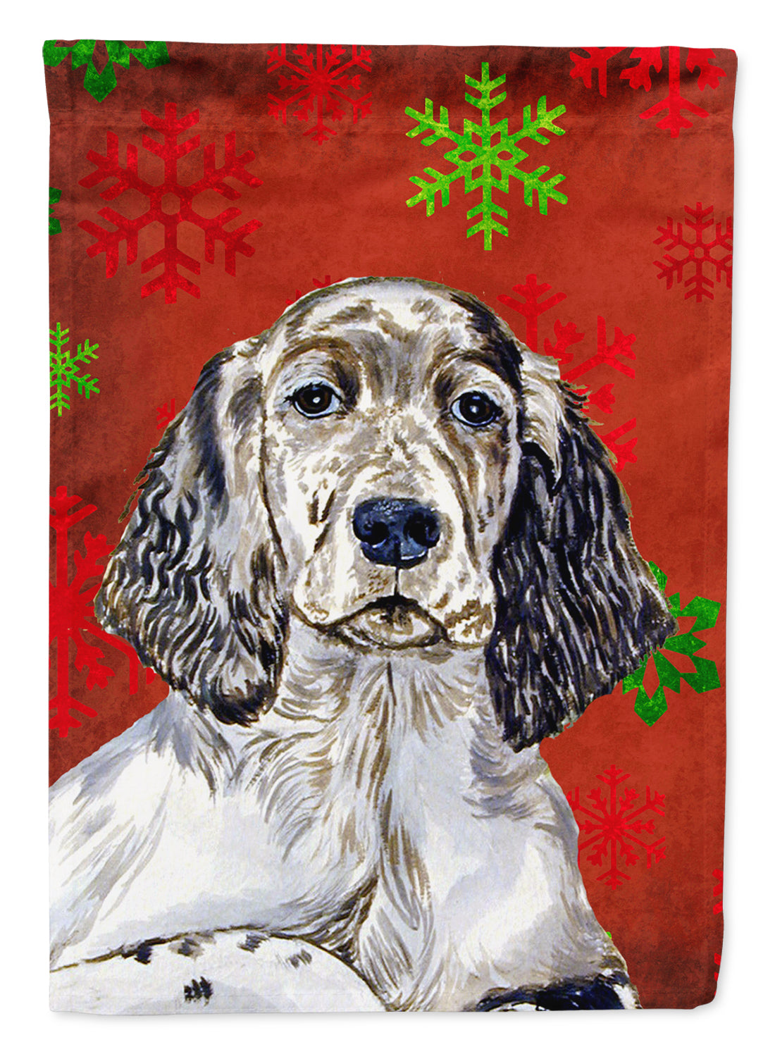 English Setter Red and Green Snowflakes Holiday Christmas Flag Garden Size.
