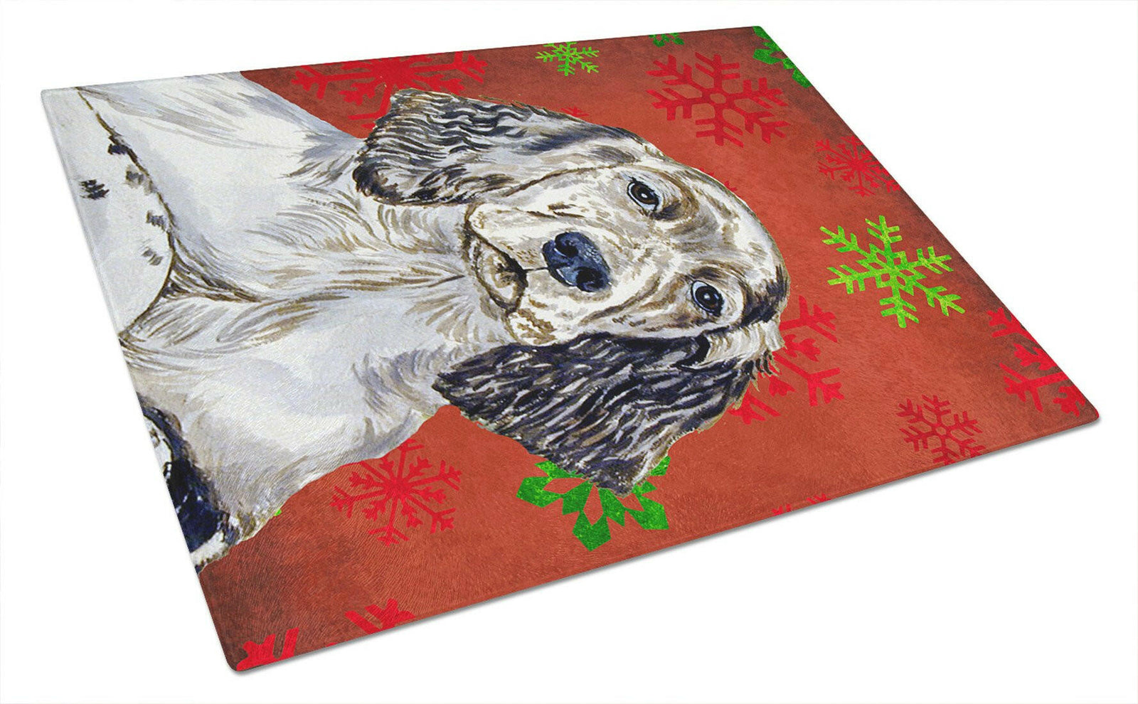 English Setter Red and Green Snowflakes Christmas Glass Cutting Board Large by Caroline's Treasures