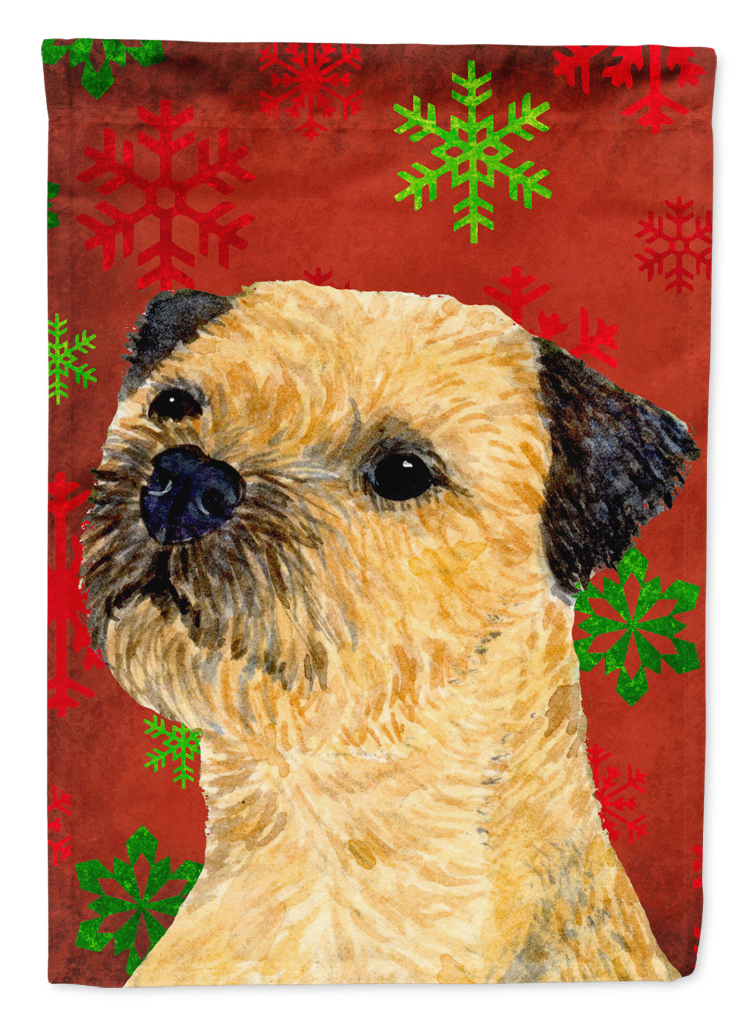 Border Terrier Red and Green Snowflakes Holiday Christmas Flag Garden Size.