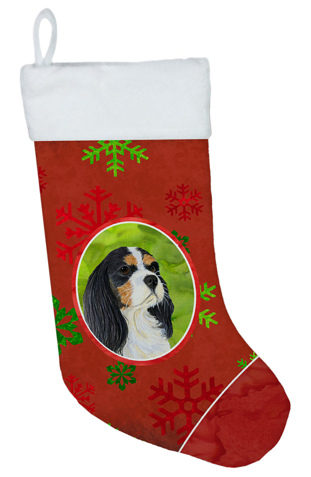 Cavalier Spaniel Red and Green Snowflakes Holiday Christmas Christmas Stocking