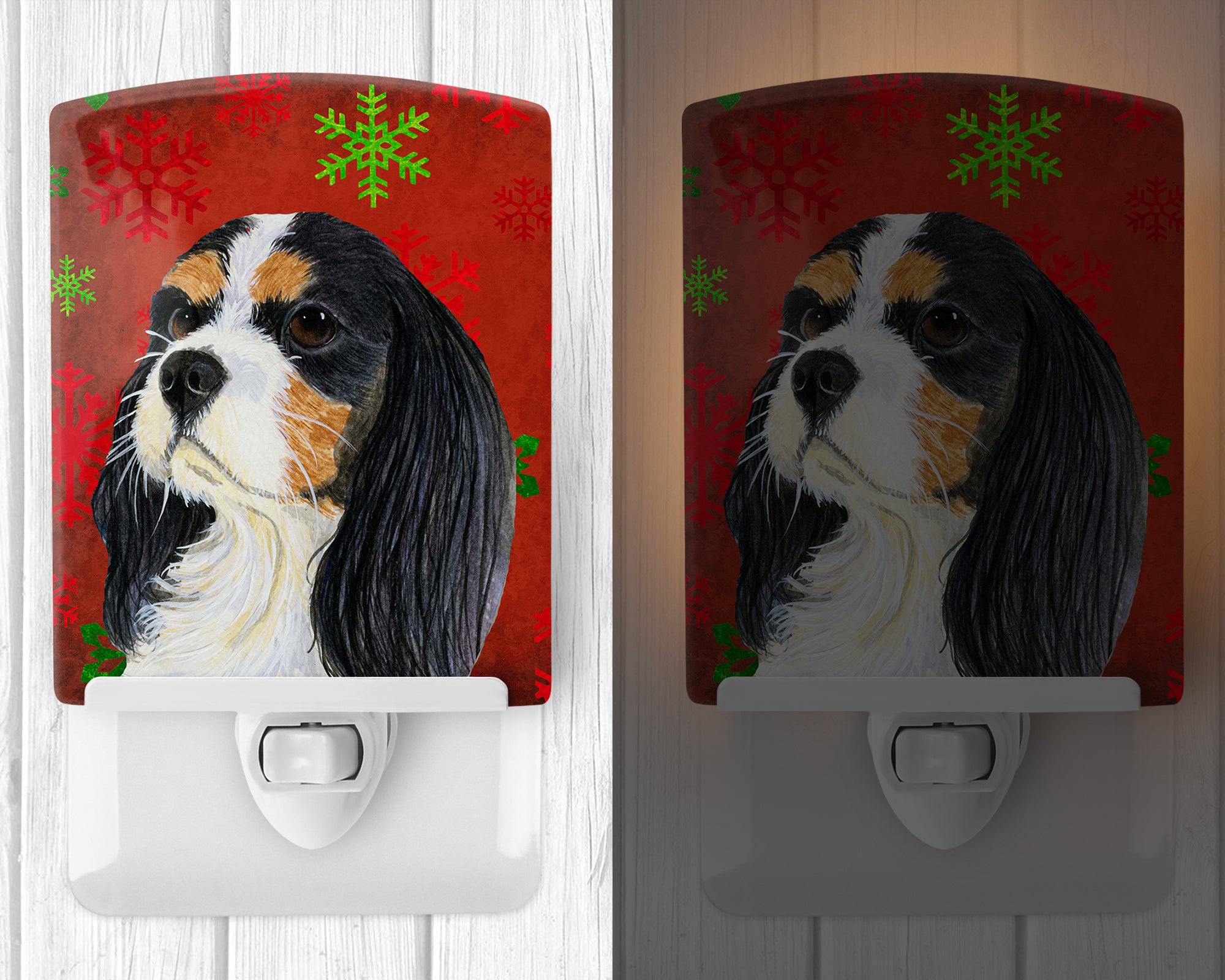 Cavalier Spaniel Red and Green Snowflakes Holiday Christmas Ceramic Night Light LH9324CNL - the-store.com