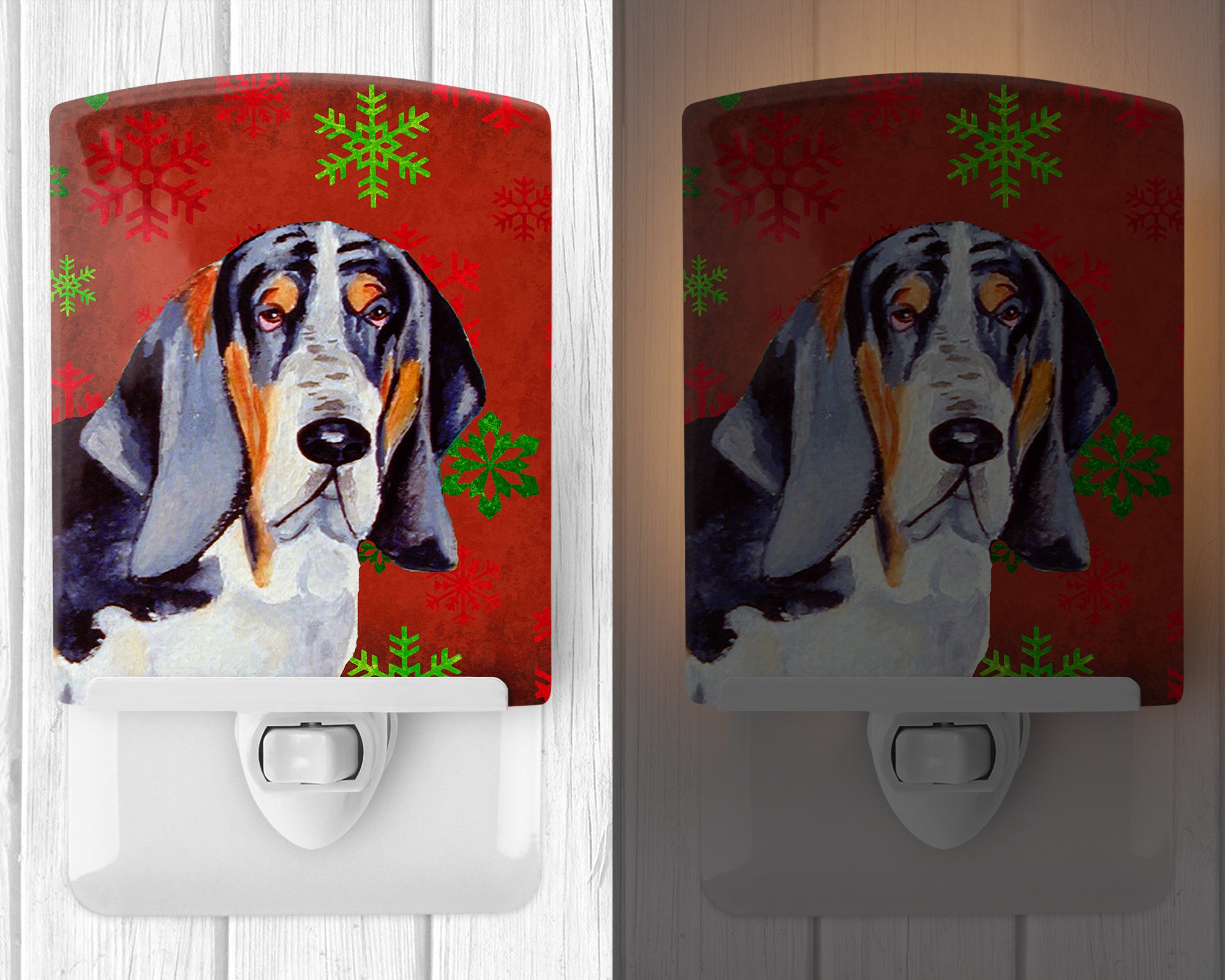 Basset Hound Red and Green Snowflakes Holiday Christmas Ceramic Night Light LH9327CNL - the-store.com