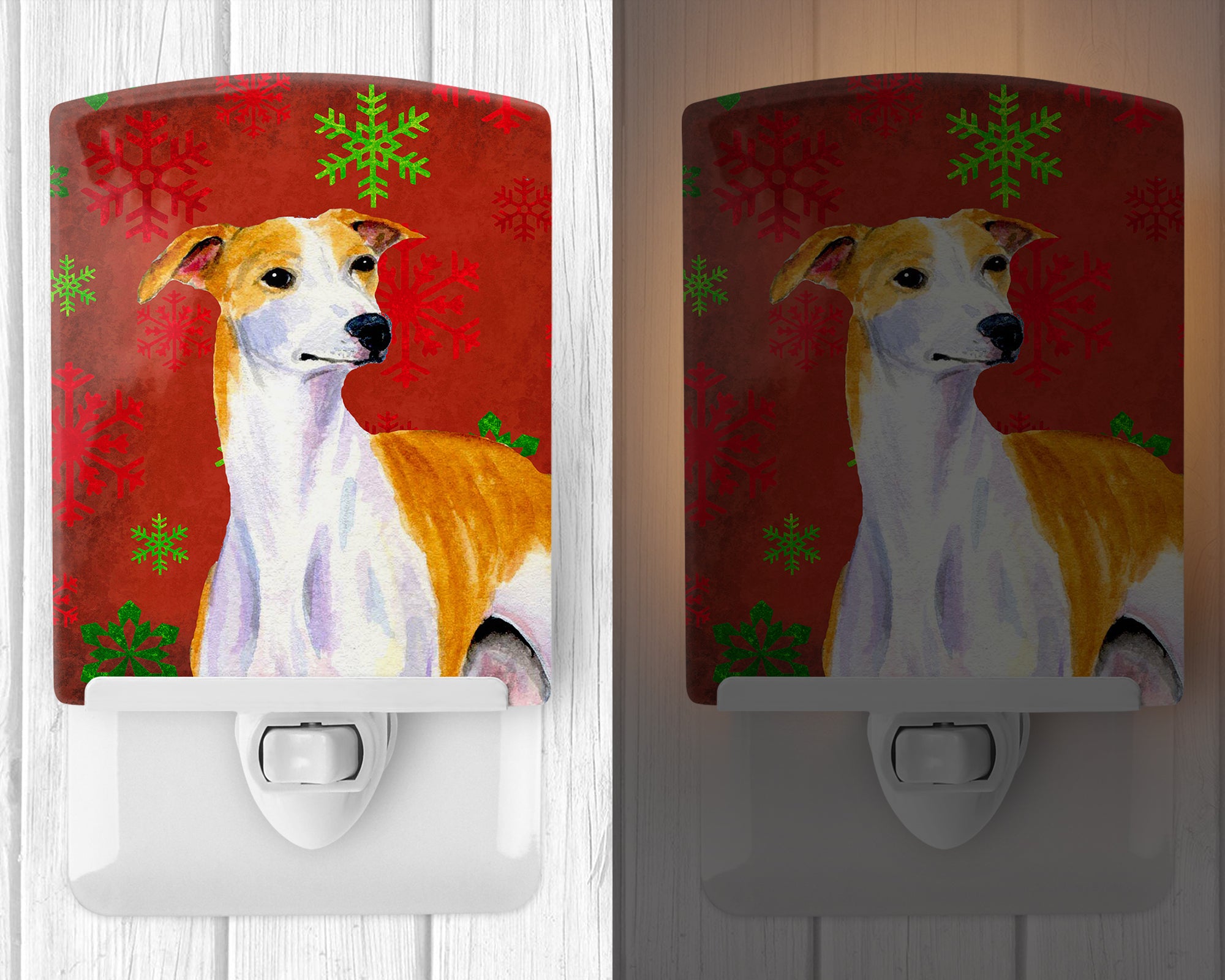 Whippet Red and Green Snowflakes Holiday Christmas Ceramic Night Light LH9328CNL - the-store.com