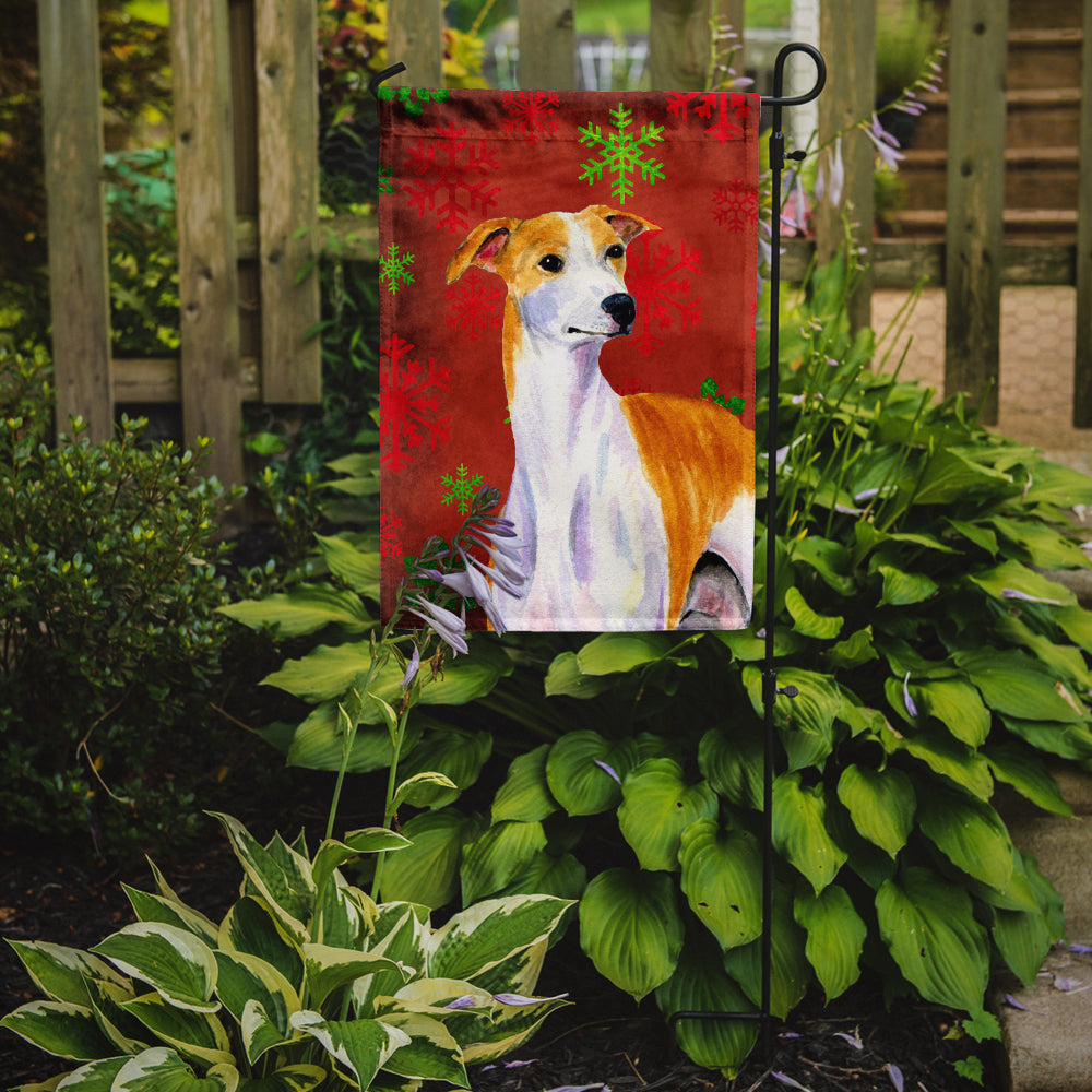 Whippet Red and Green Snowflakes Holiday Christmas Flag Garden Size.