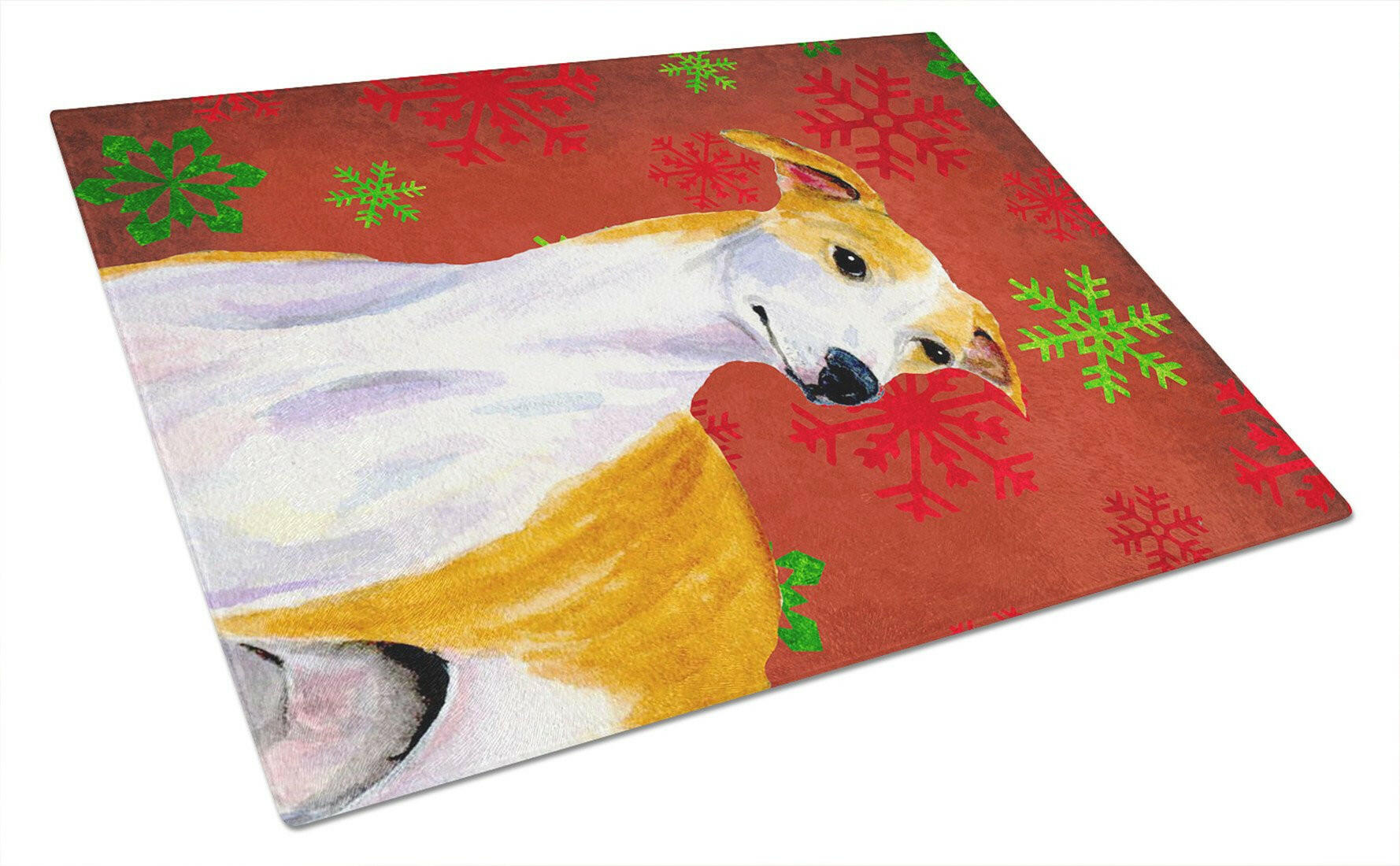 Whippet Red and Green Snowflakes Holiday Christmas Glass Cutting Board Large by Caroline's Treasures