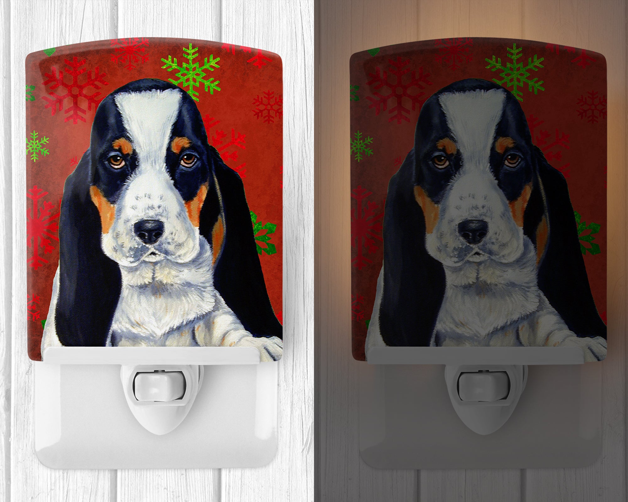 Basset Hound Red and Green Snowflakes Holiday Christmas Ceramic Night Light LH9329CNL - the-store.com