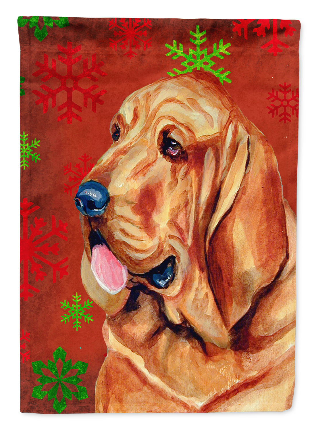 Bloodhound Red and Green Snowflakes Holiday Christmas Flag Garden Size.