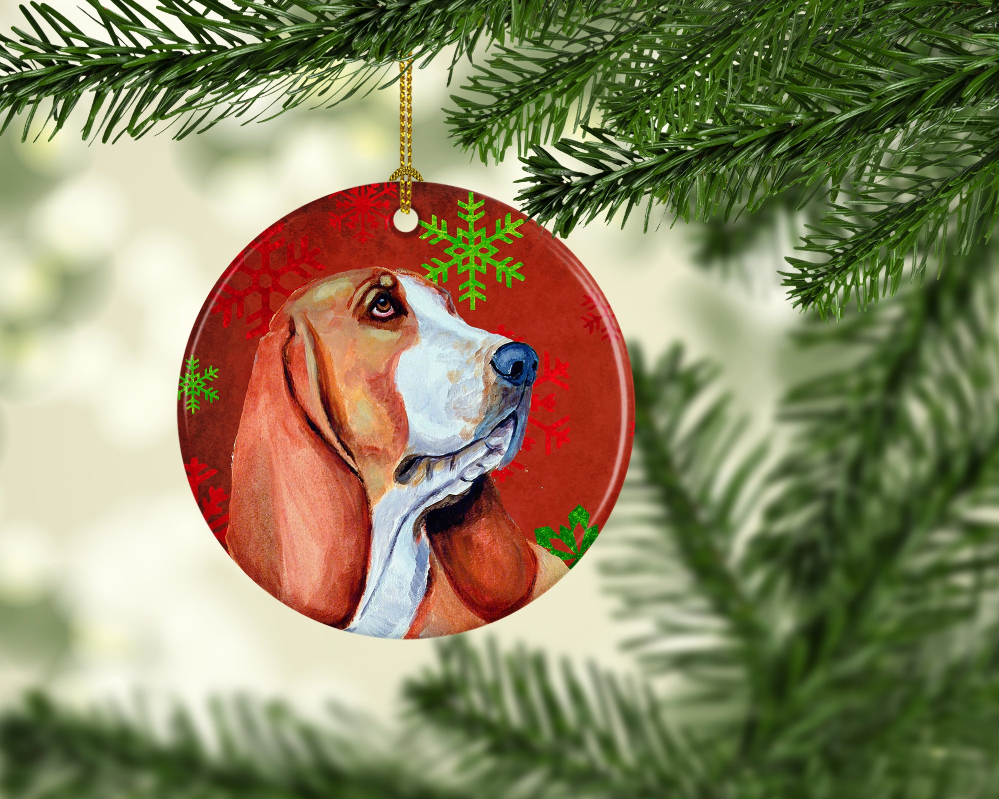 Basset Hound Red Snowflake Holiday Christmas Ceramic Ornament LH9332 - the-store.com