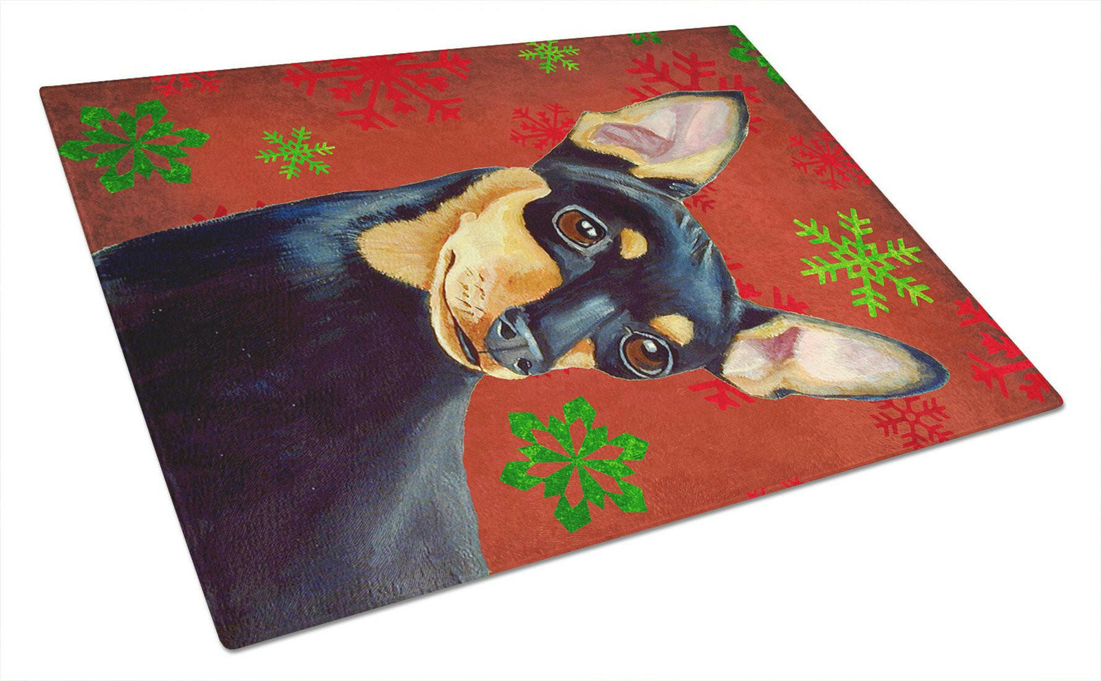 Min Pin Red and Green Snowflakes Holiday Christmas Glass Cutting Board Large by Caroline's Treasures