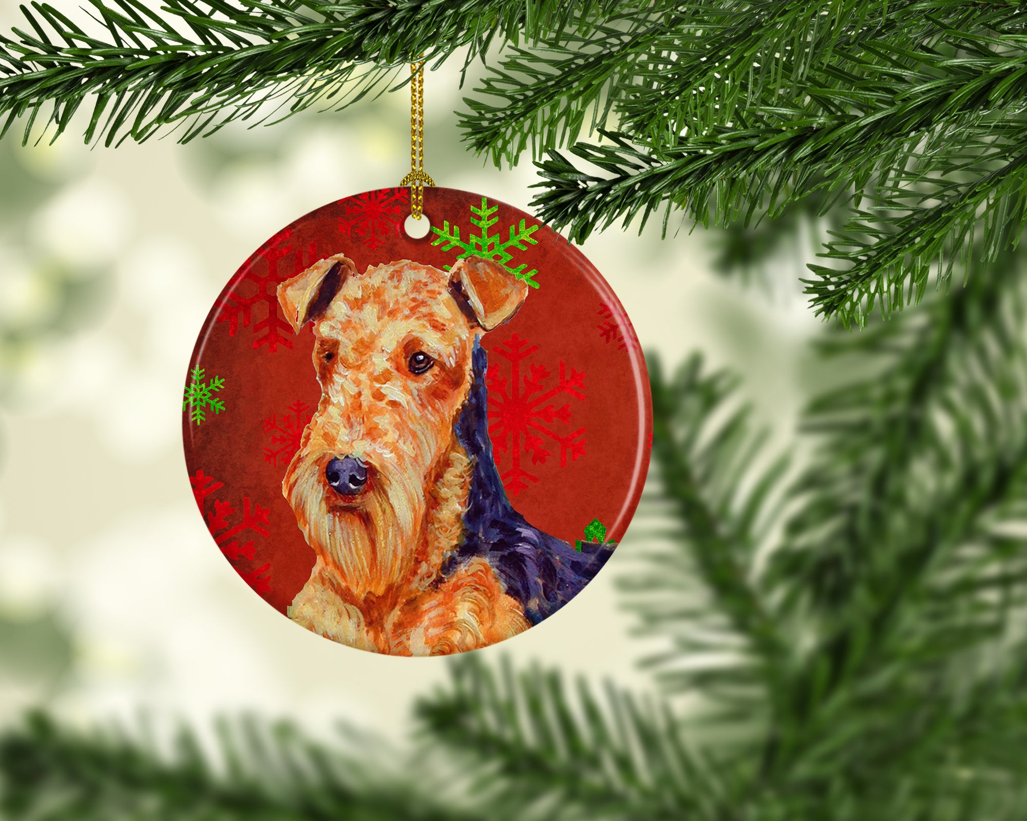 Airedale Red Snowflake Holiday Christmas Ceramic Ornament LH9336 - the-store.com