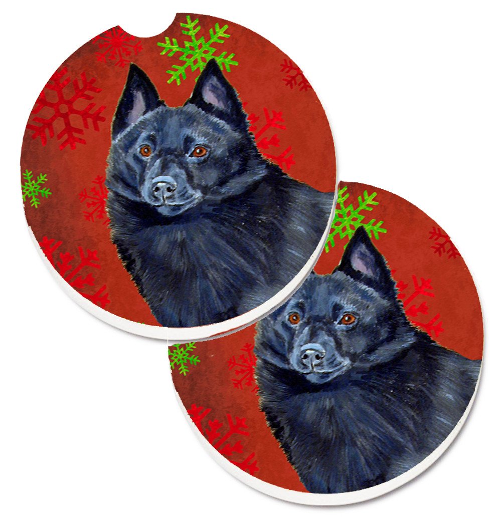 Schipperke Red and Green Snowflakes Holiday Christmas Set of 2 Cup Holder Car Coasters LH9339CARC by Caroline's Treasures