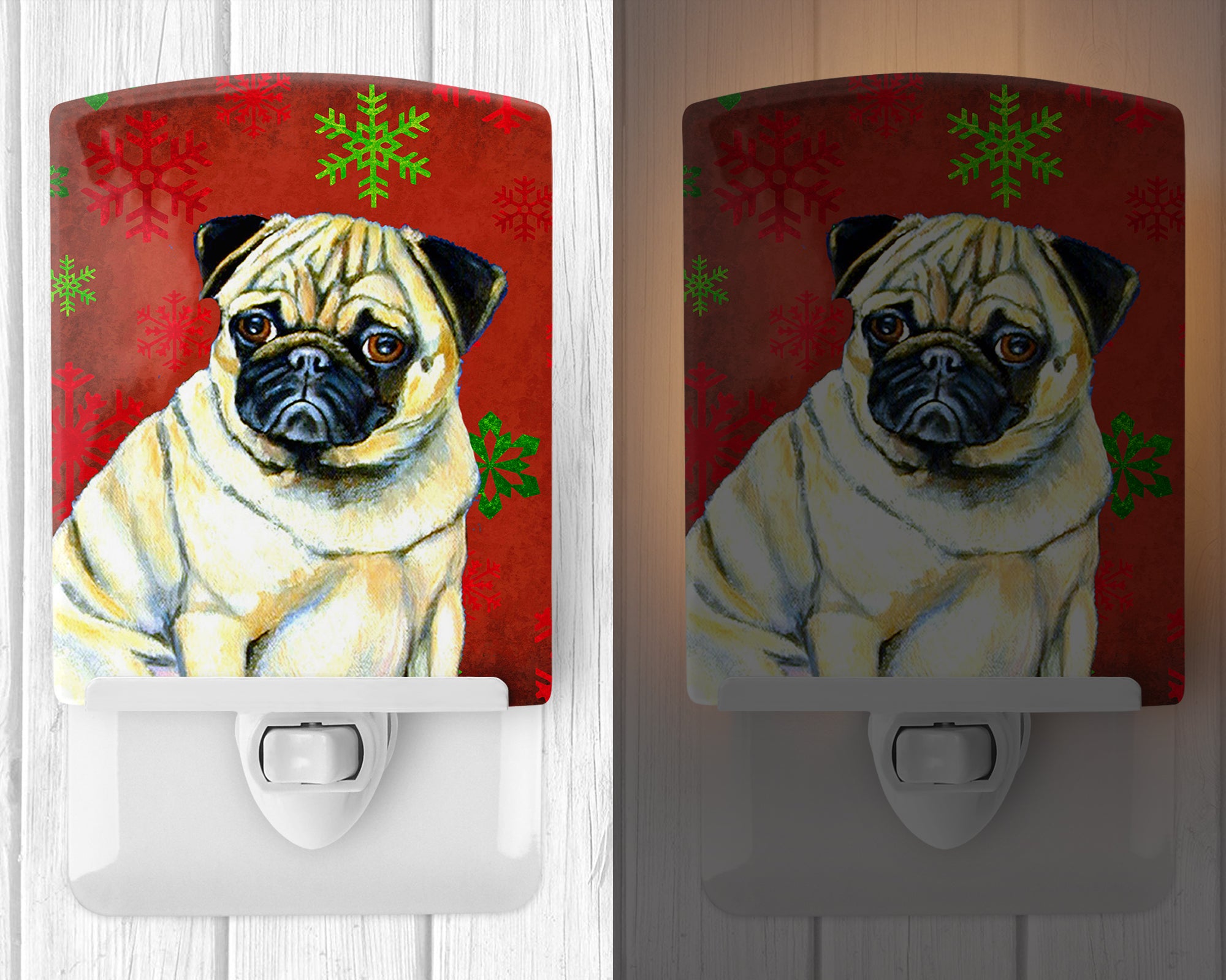Pug Red and Green Snowflakes Holiday Christmas Ceramic Night Light LH9342CNL - the-store.com