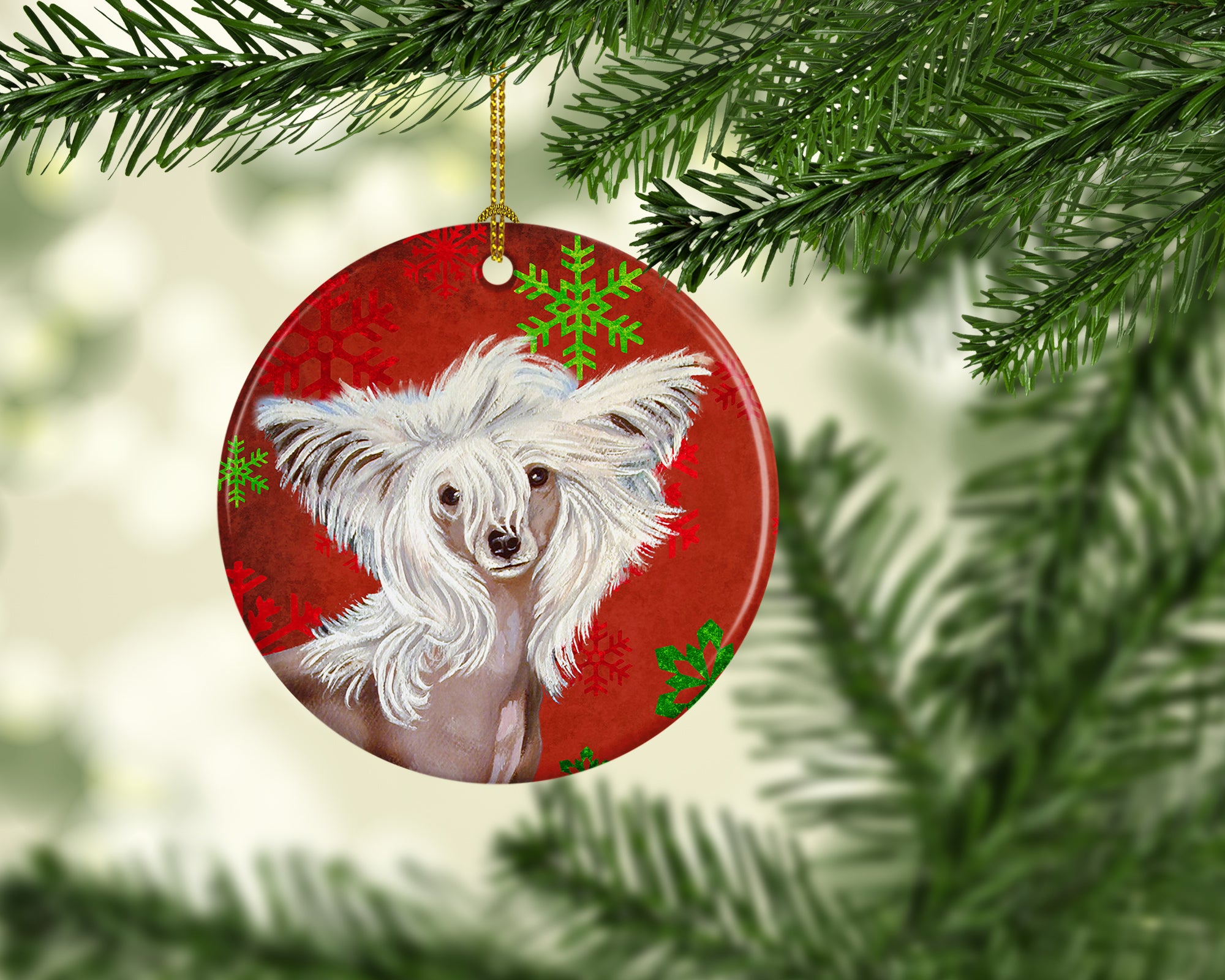 Chinese Crested Red Snowflake Holiday Christmas Ceramic Ornament LH9347 - the-store.com