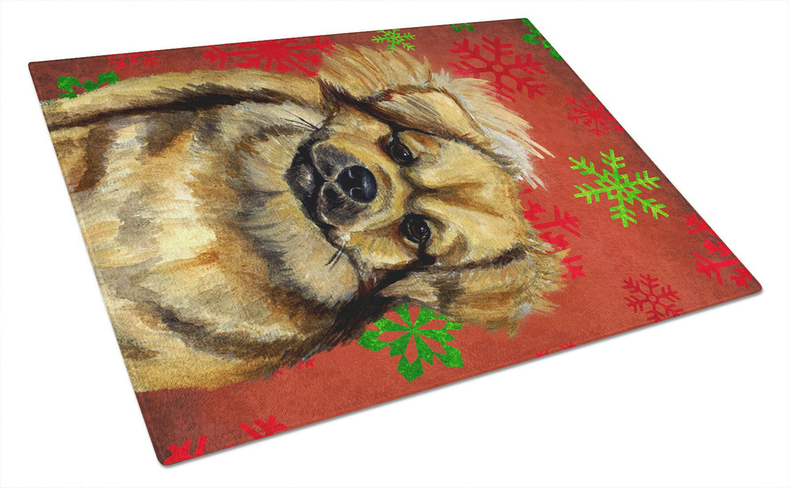 Tibetan Spaniel Red and Green Snowflakes Christmas Glass Cutting Board Large by Caroline's Treasures