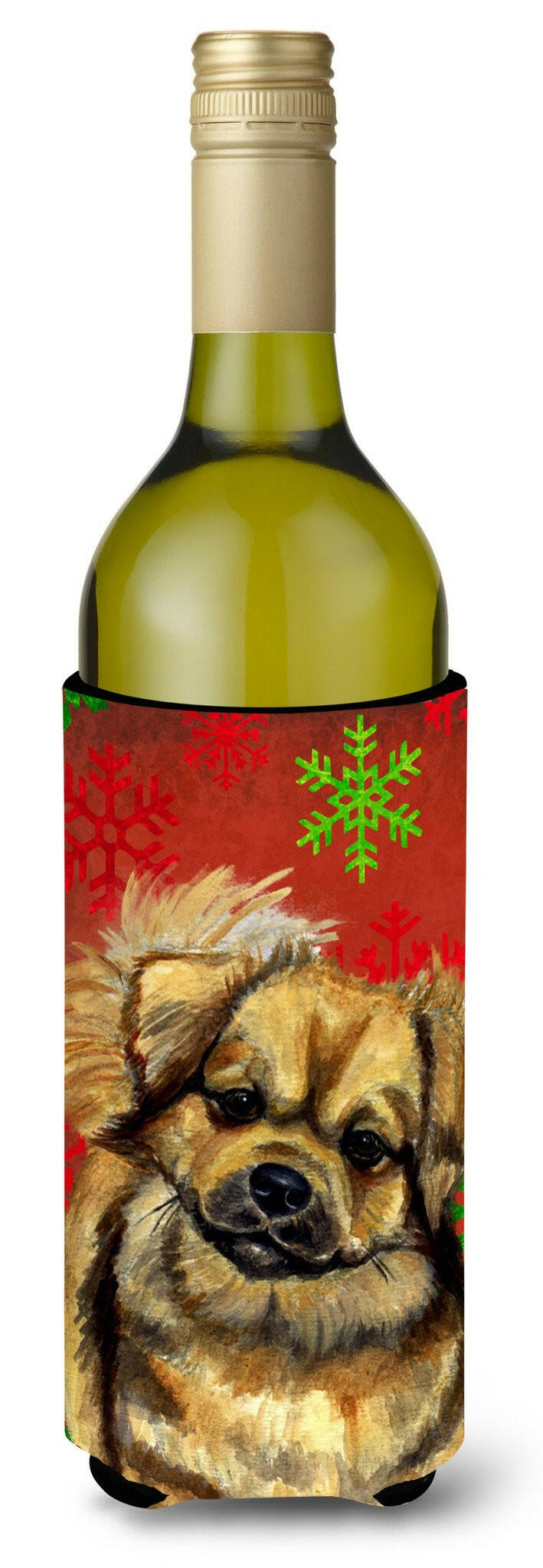 Tibetan Spaniel Red Green Snowflake Holiday Christmas Wine Bottle Beverage Insulator Beverage Insulator Hugger by Caroline's Treasures