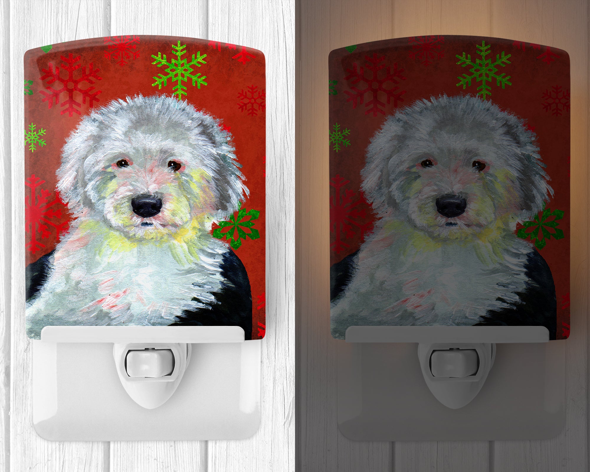 Old English Sheepdog Red  Green Snowflakes Holiday Christmas Ceramic Night Light LH9351CNL - the-store.com