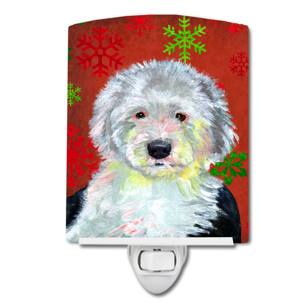 Old English Sheepdog Red  Green Snowflakes Holiday Christmas Ceramic Night Light LH9351CNL - the-store.com