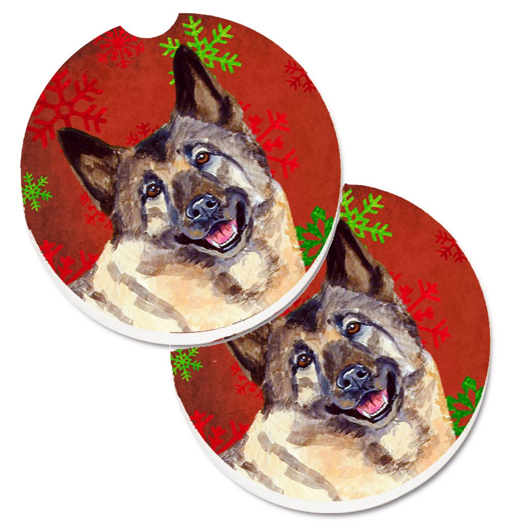 Norwegian Elkhound Red and Green Snowflakes Holiday Christmas Set of 2 Cup Holder Car Coasters LH9353CARC by Caroline's Treasures