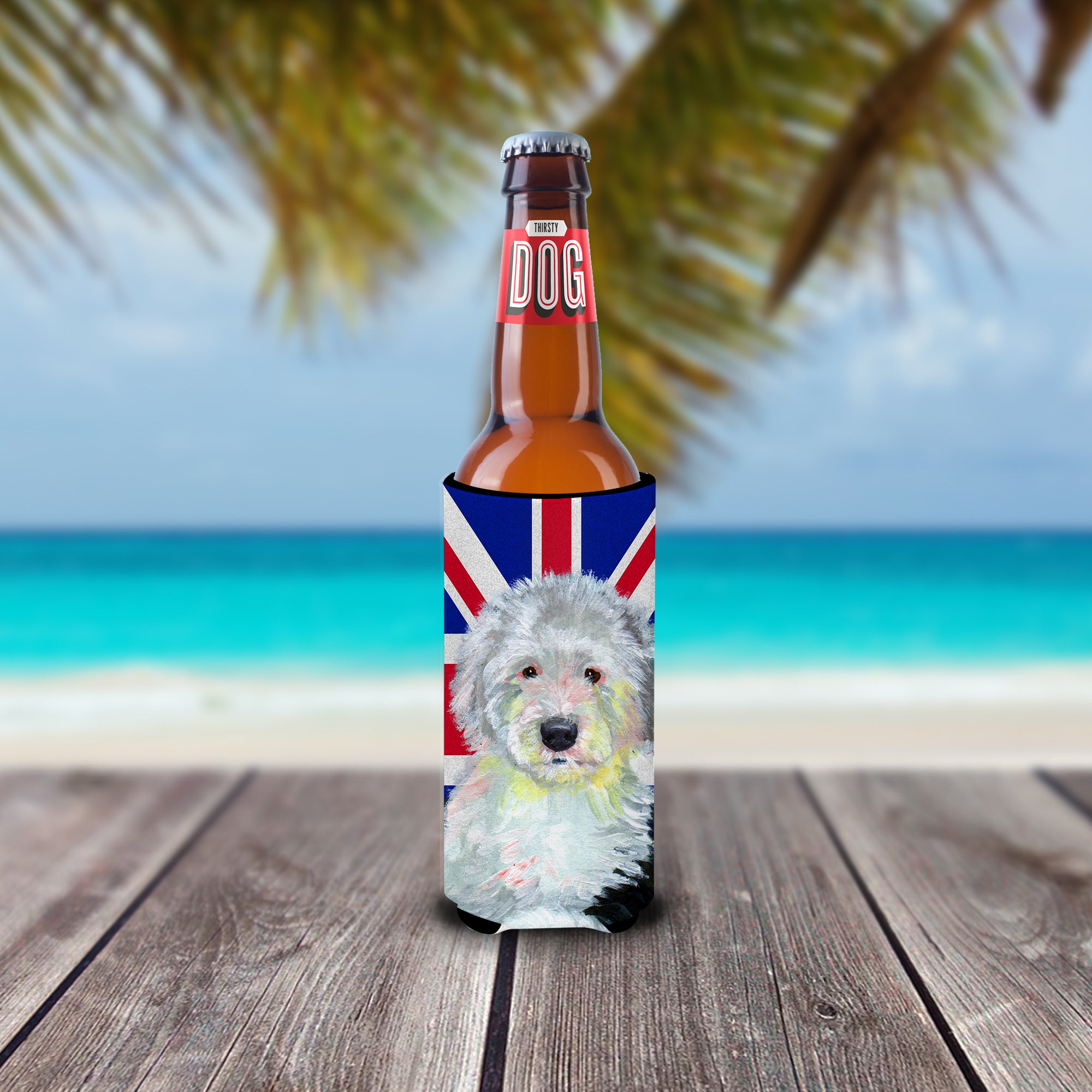 Old English Sheepdog with English Union Jack British Flag Ultra Beverage Insulators for slim cans LH9497MUK.