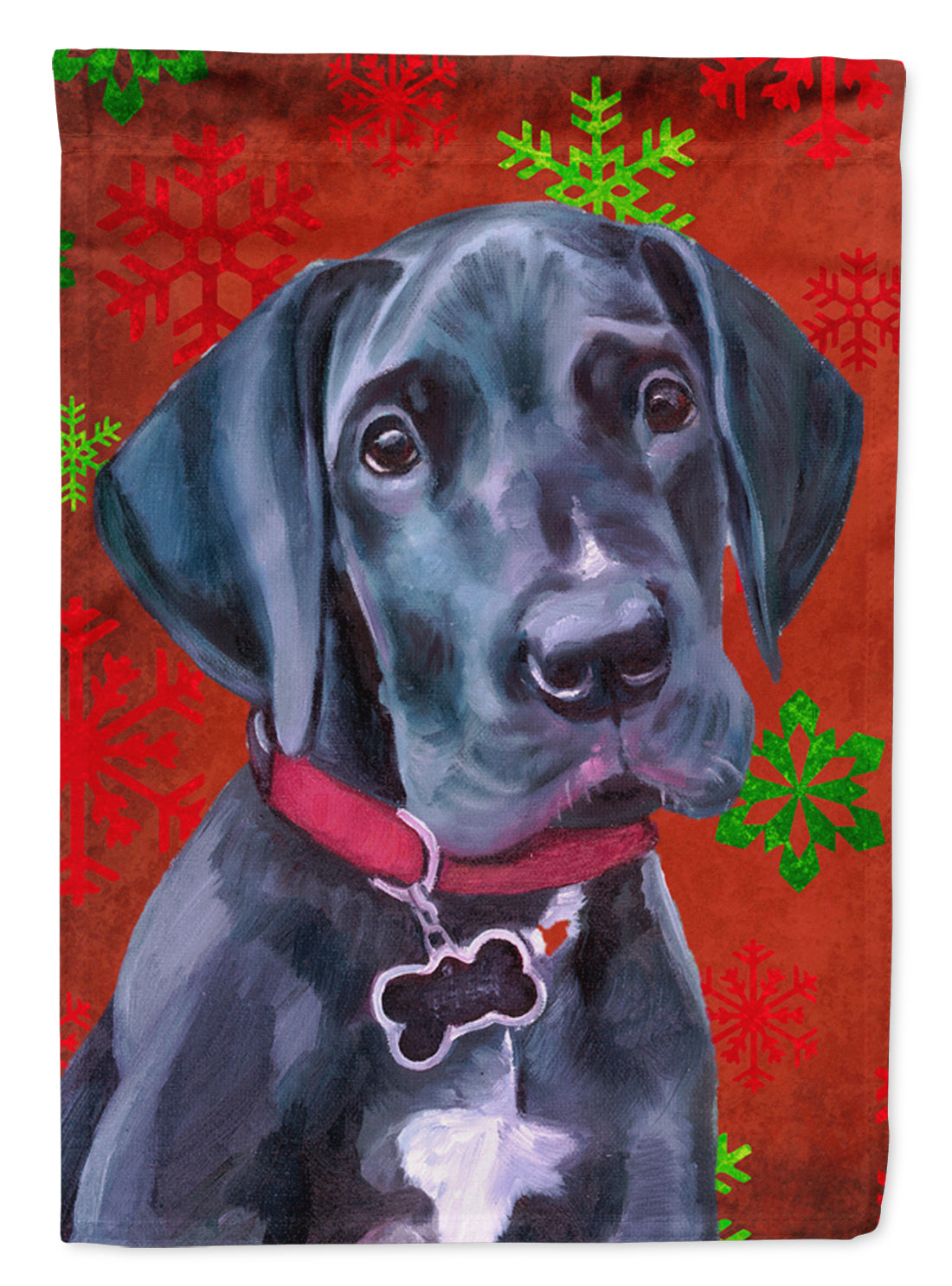 Black Great Dane Puppy Red Snowflakes Holiday Christmas Flag Garden Size LH9579GF