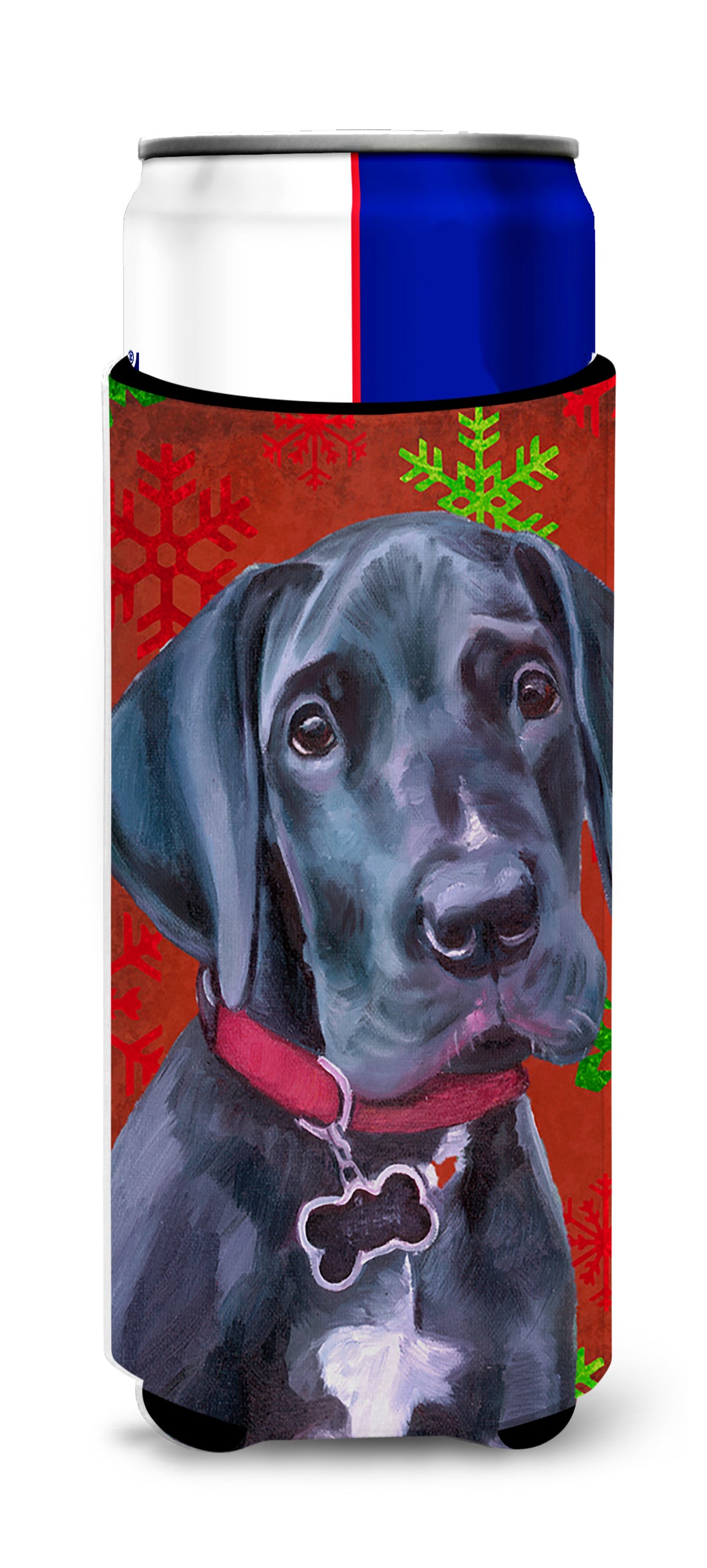 Black Great Dane Puppy Red Snowflakes Holiday Christmas Ultra Beverage Insulators for slim cans LH9579MUK