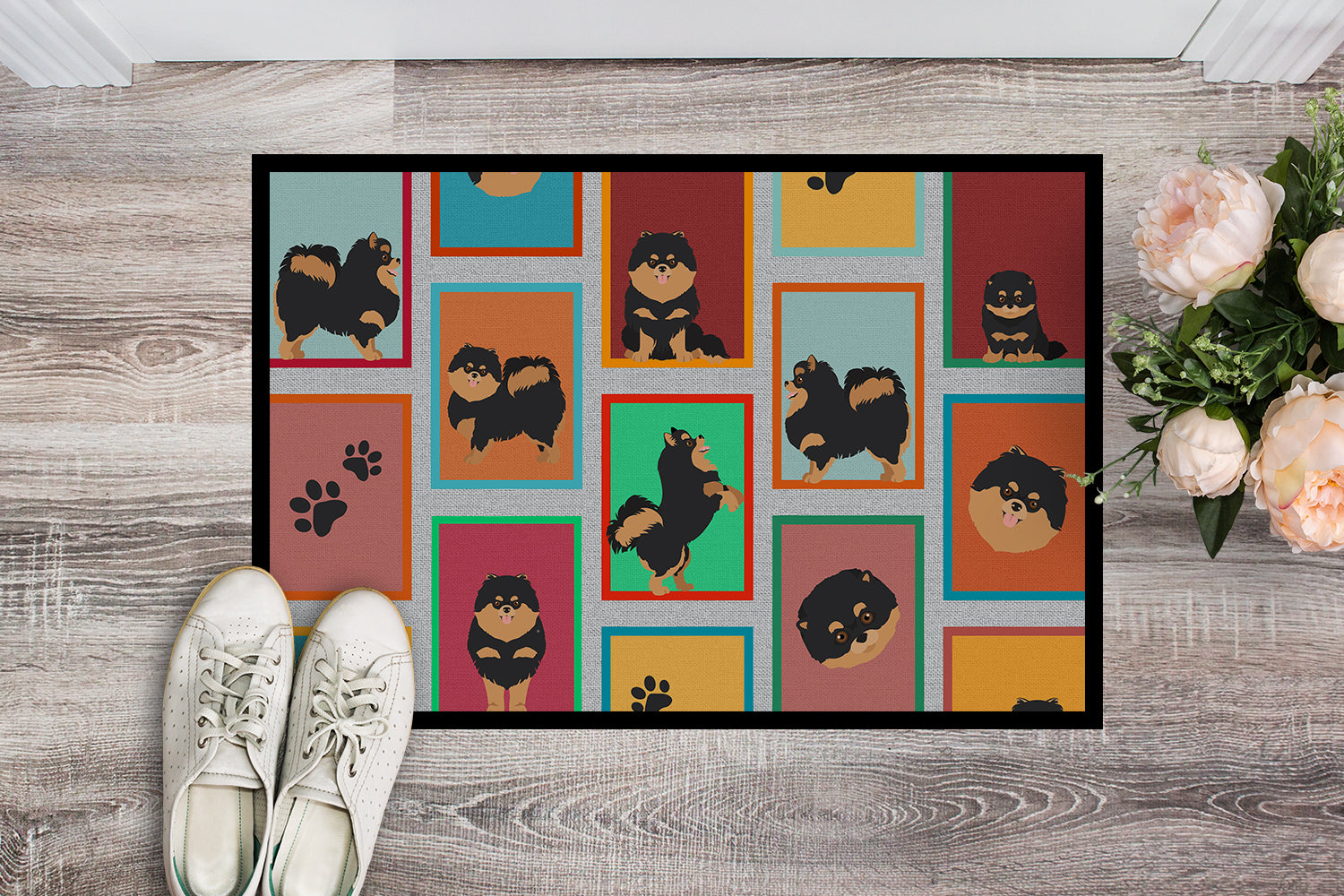 Buy this Lots of Black and Tan Pomeranian Indoor or Outdoor Mat 18x27