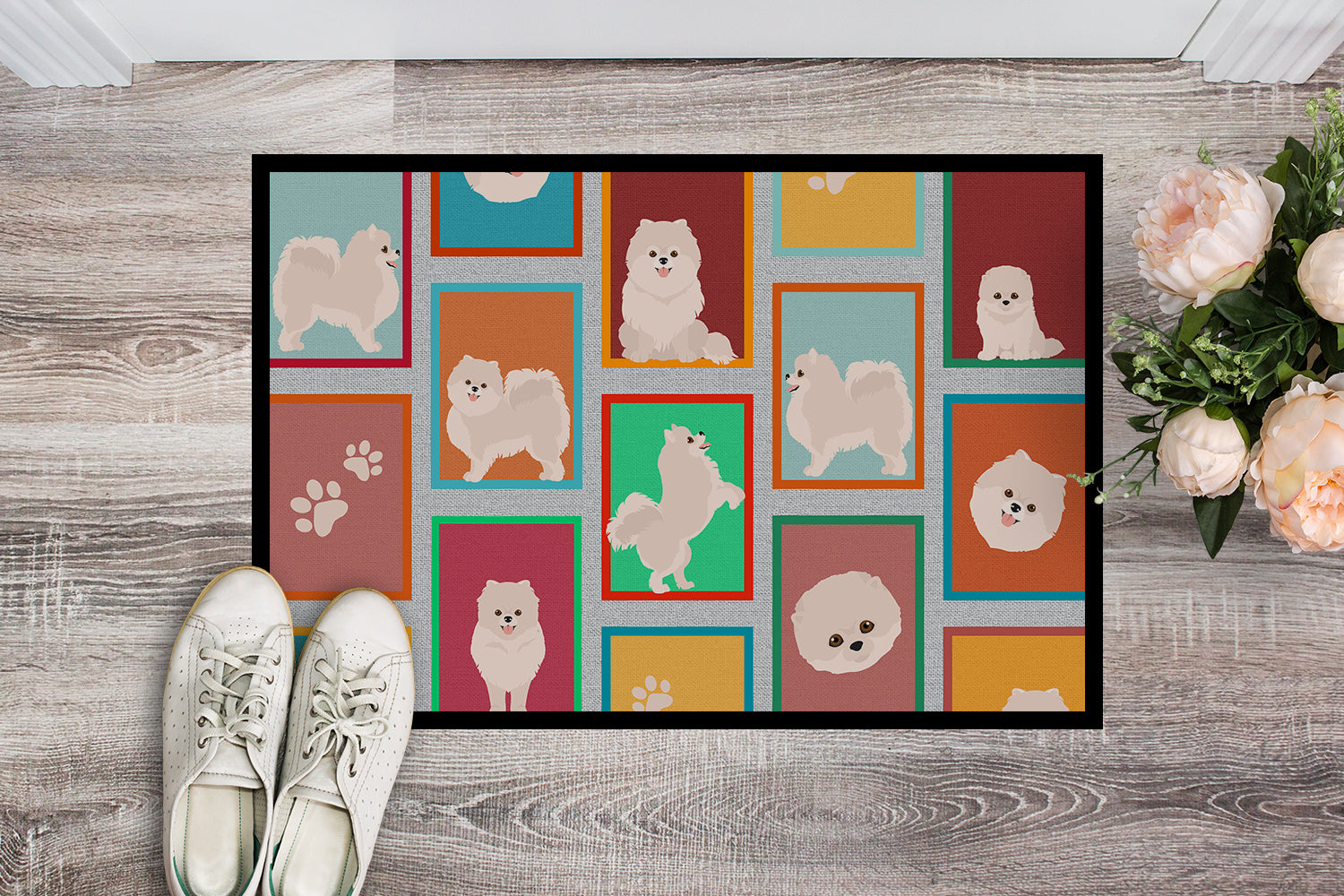 Buy this Lots of White Pomeranian Indoor or Outdoor Mat 24x36