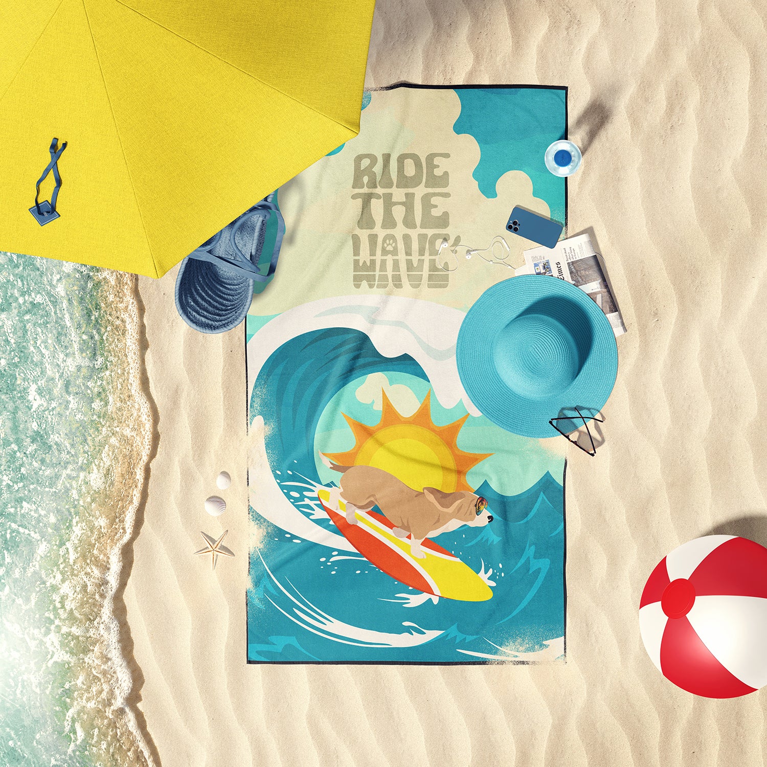 Surfer Dog Lemon Basset Hound Premium Beach Towel