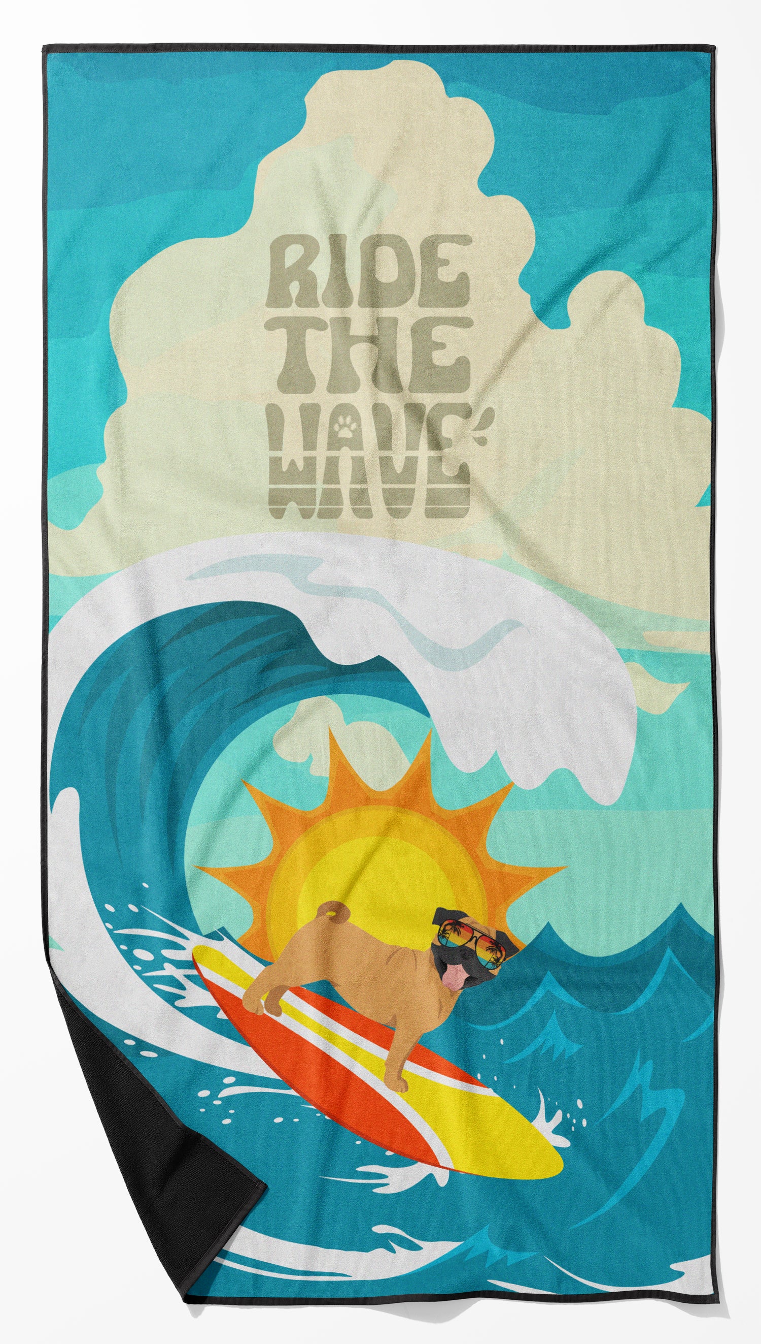 Buy this Surfer Dog Apricot Pug Premium Beach Towel