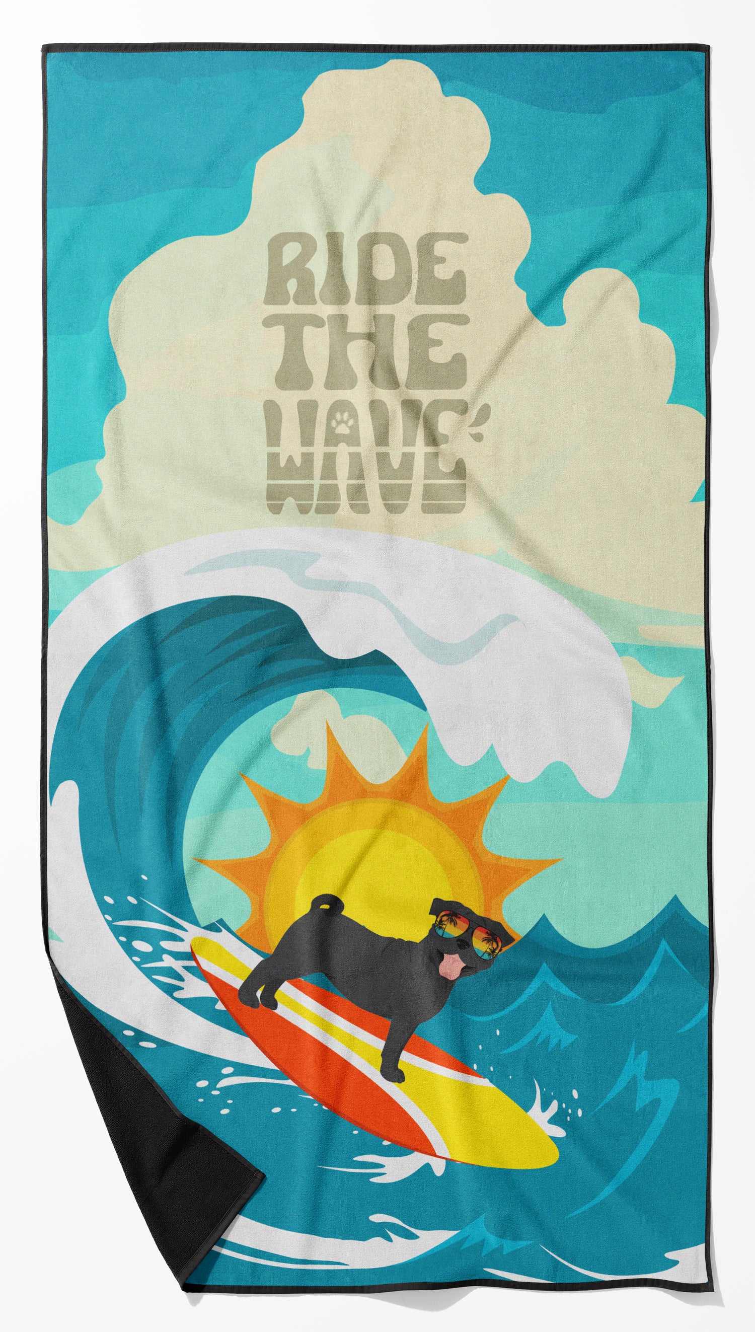 Buy this Surfer Dog Black Pug Premium Beach Towel