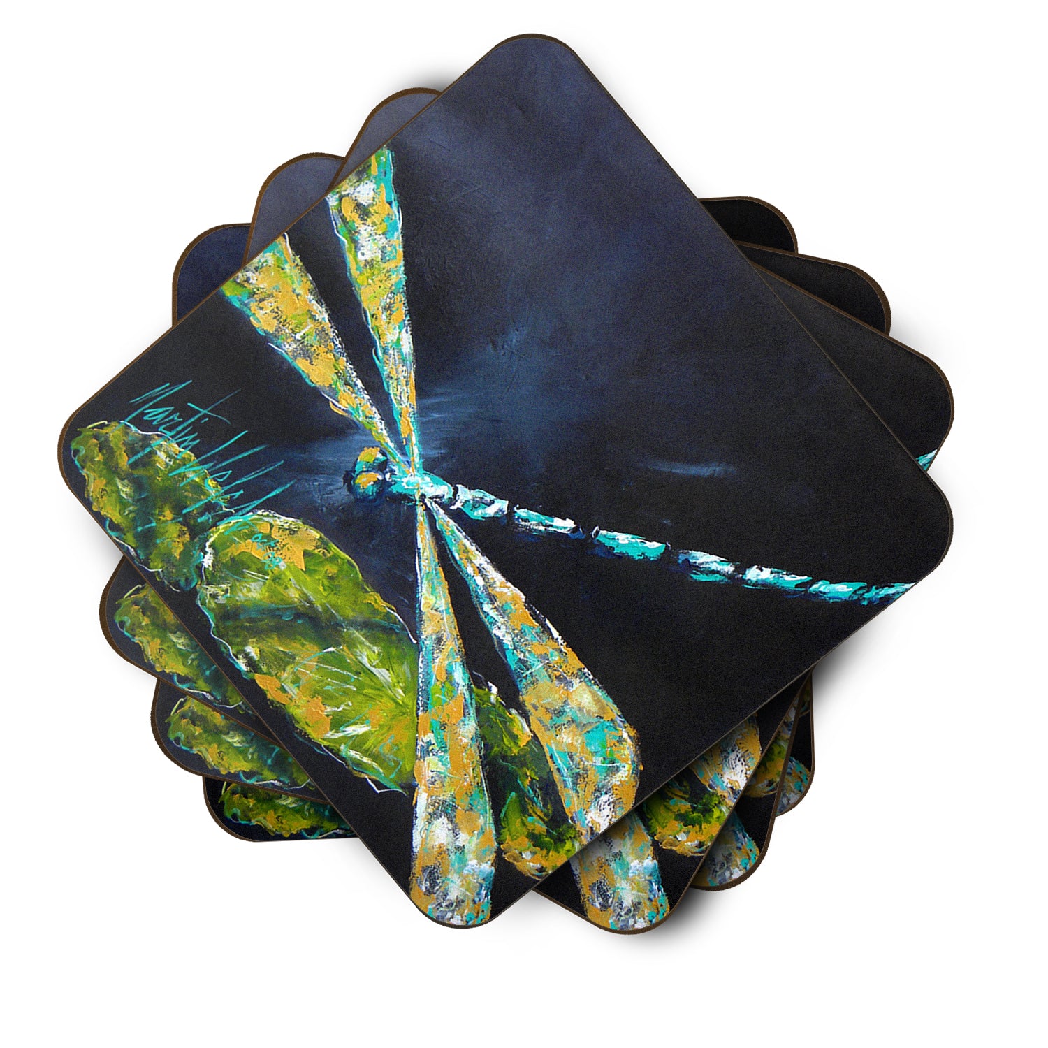 Set of 4 Insect - Dragonfly Night Flight Dark Blue Foam Coasters - the-store.com