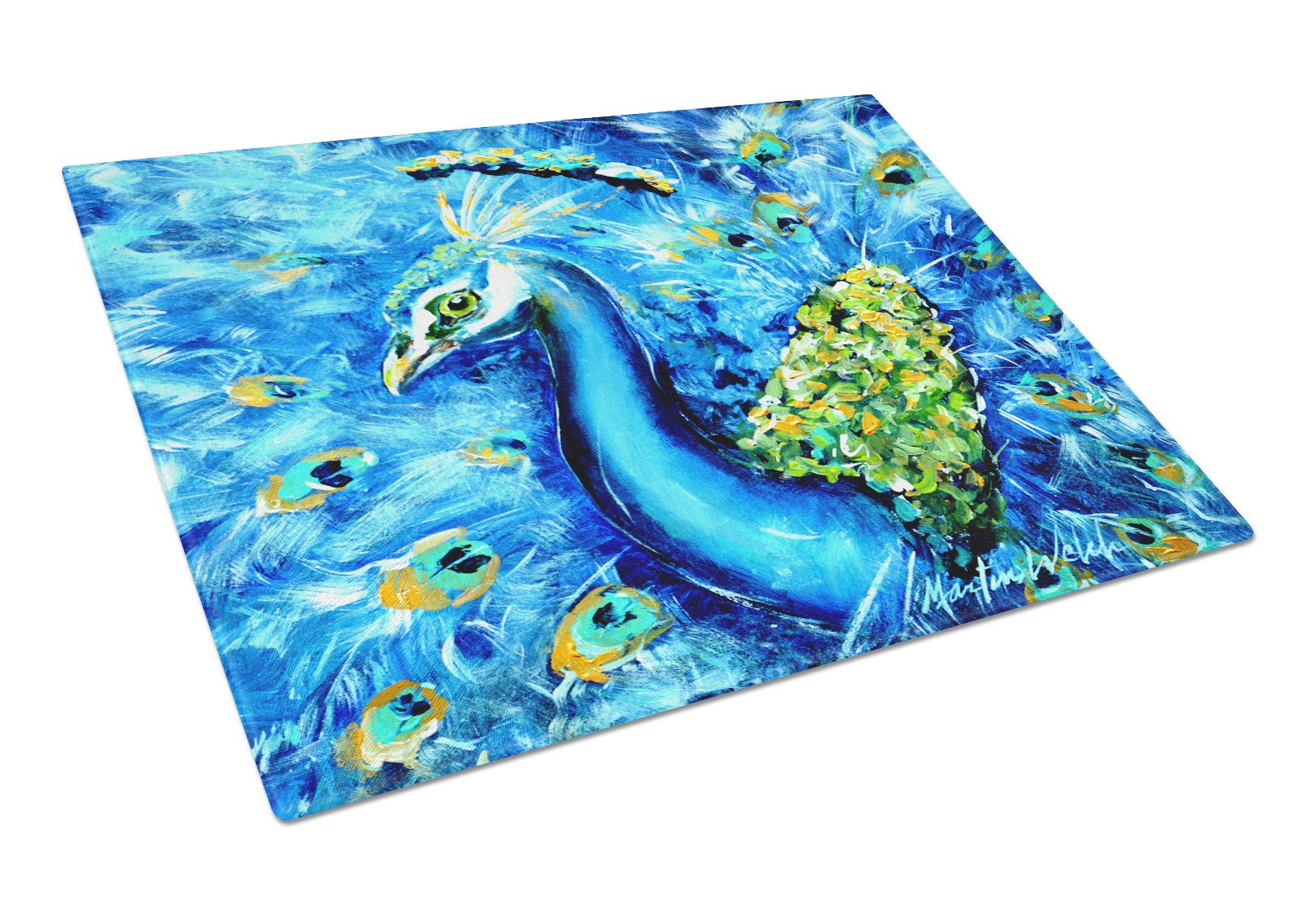 Peacock Straight Up in Blue Glass Cutting Board Large Size MW1166LCB by Caroline's Treasures