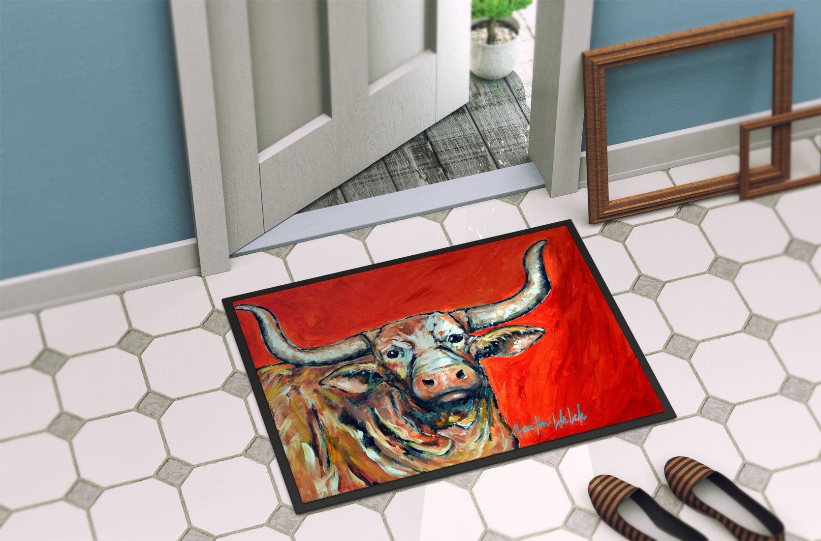 See Red Longhorn Cow Indoor or Outdoor Mat 18x27 MW1281MAT - the-store.com