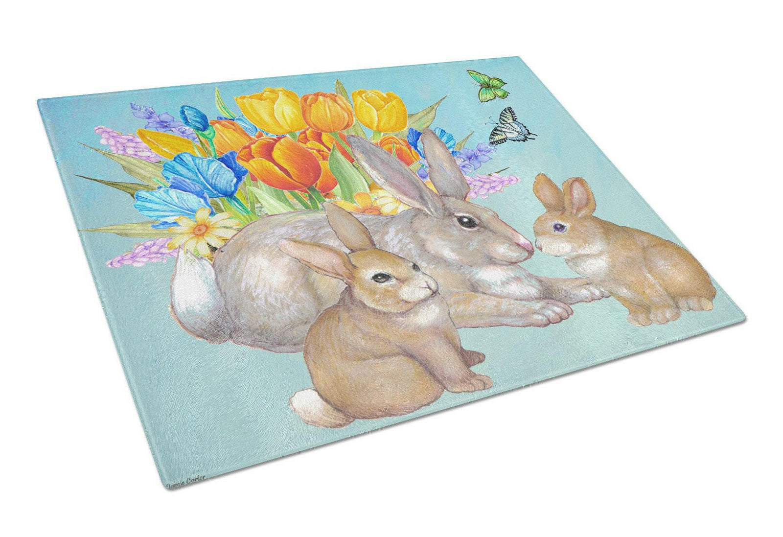 Bunny Family Easter Rabbit Glass Cutting Board Large PJC1065LCB by Caroline's Treasures