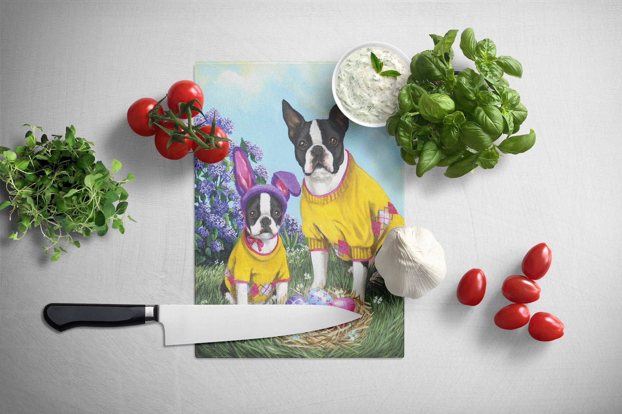 Boston Terrier Easter Bunny Glass Cutting Board Large PPP3037LCB by Caroline's Treasures