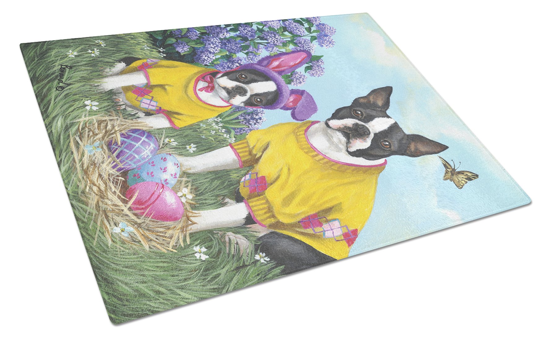Boston Terrier Easter Bunny Glass Cutting Board Large PPP3037LCB by Caroline's Treasures