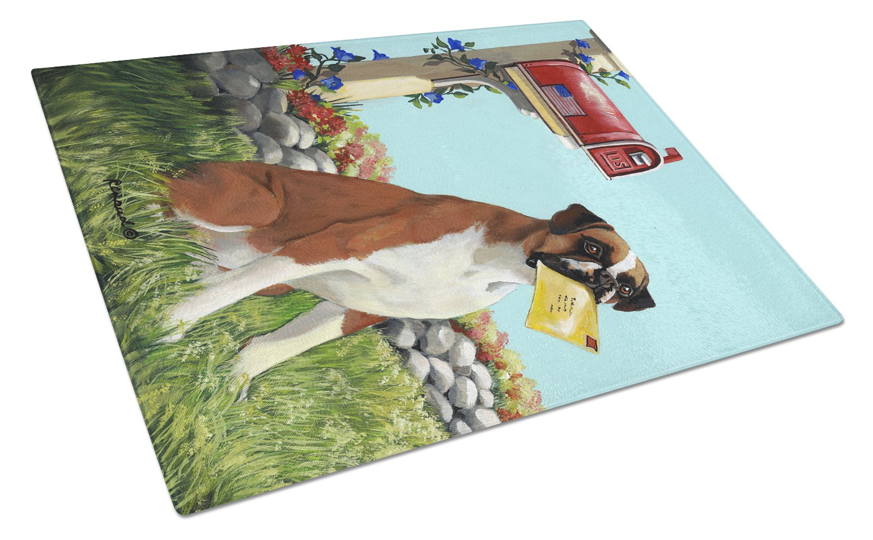 Boxer Got Mail Glass Cutting Board Large PPP3039LCB by Caroline's Treasures