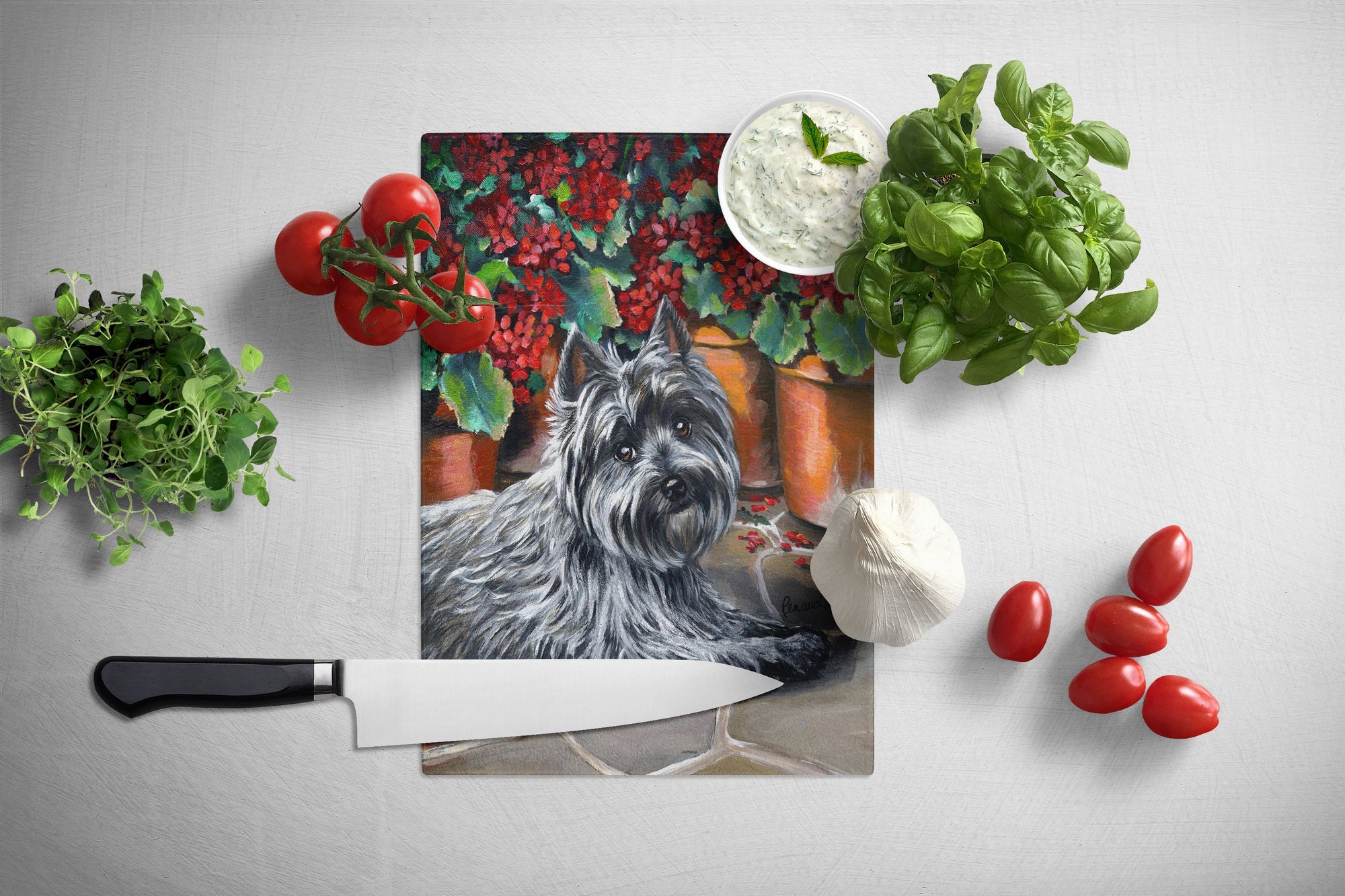 Cairn Terrier Geraniums Glass Cutting Board Large PPP3052LCB by Caroline's Treasures