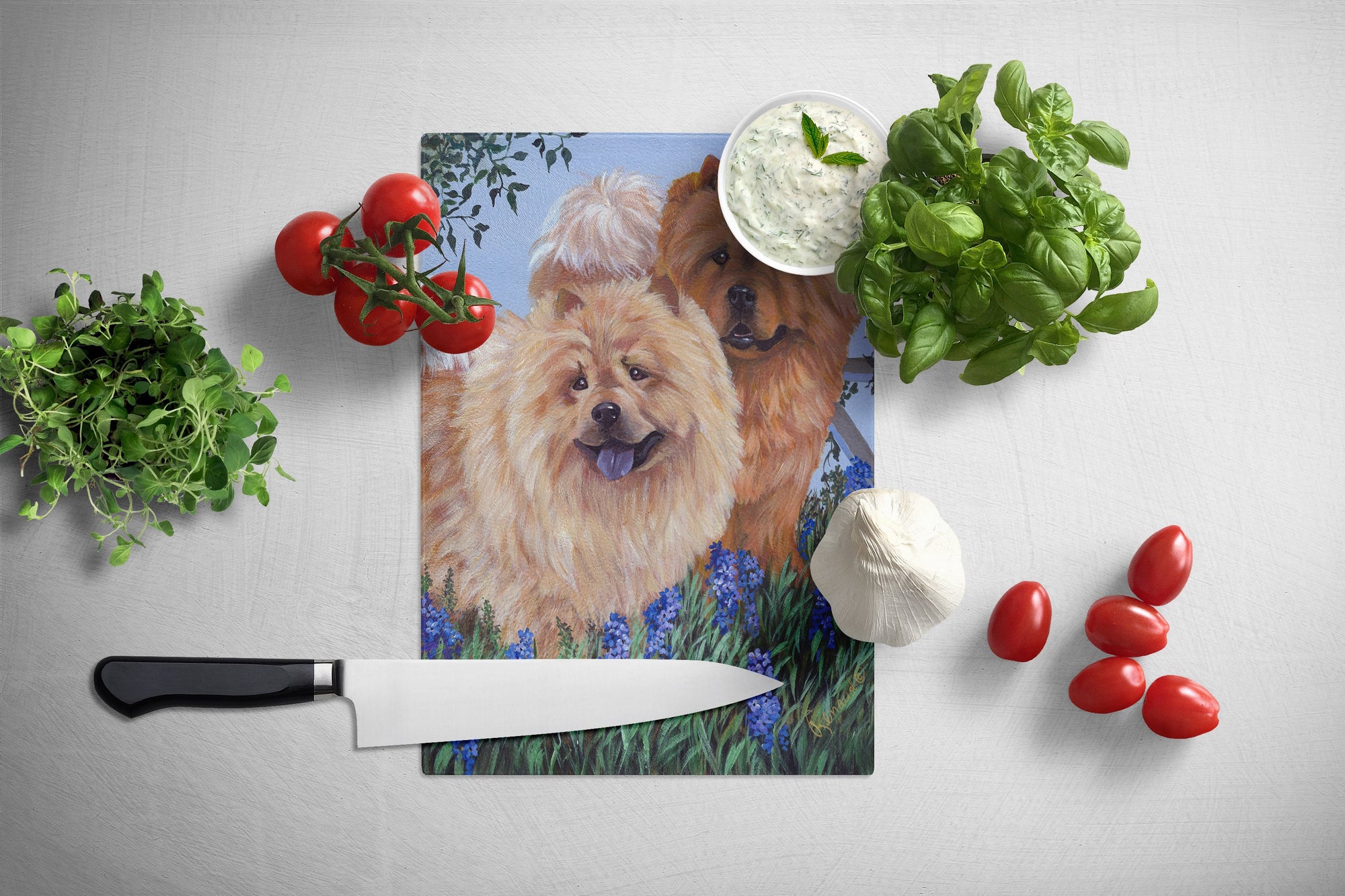 Chow Chow Meadow Glass Cutting Board Large PPP3073LCB by Caroline's Treasures