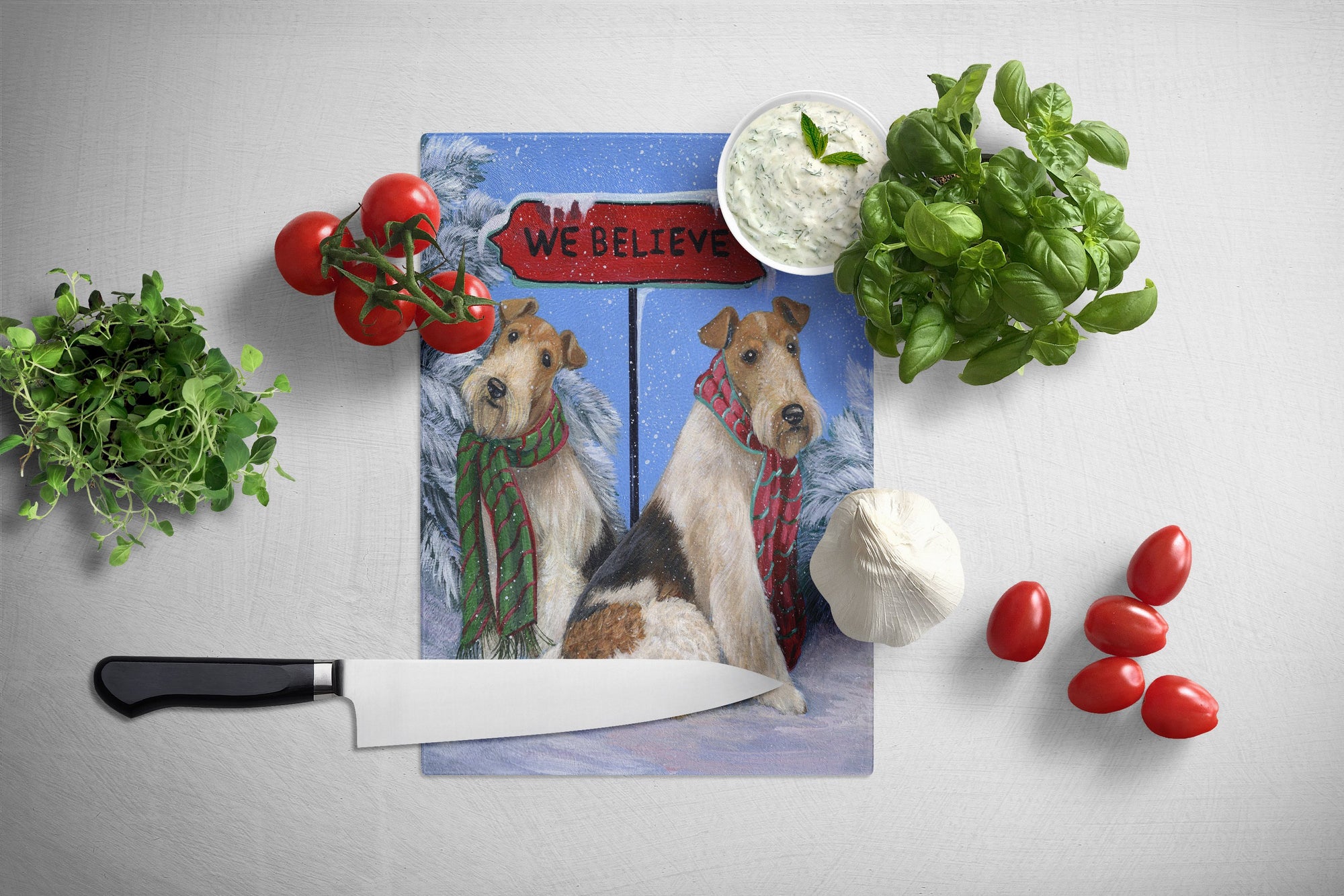 Fox Terrier Christmas We Believe Glass Cutting Board Large PPP3094LCB by Caroline's Treasures
