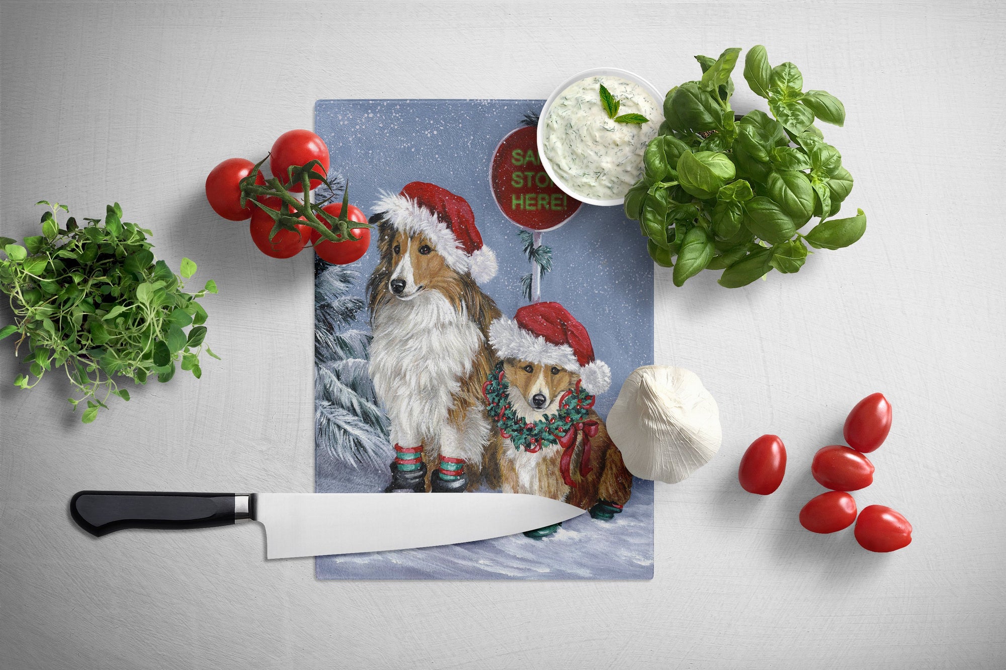 Sheltie Christmas Santa Stop Glass Cutting Board Large PPP3188LCB by Caroline's Treasures